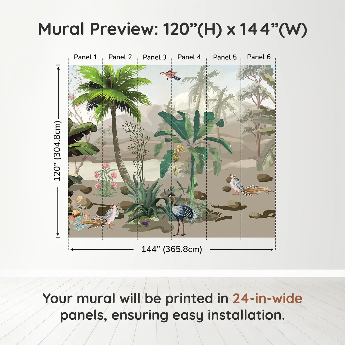 Whimsy Tots Exotic Bird Sanctuary Wall Muraldimension view (120" H x 144" W). Printed in six 24-inch-wide panels. Gender-Neutral