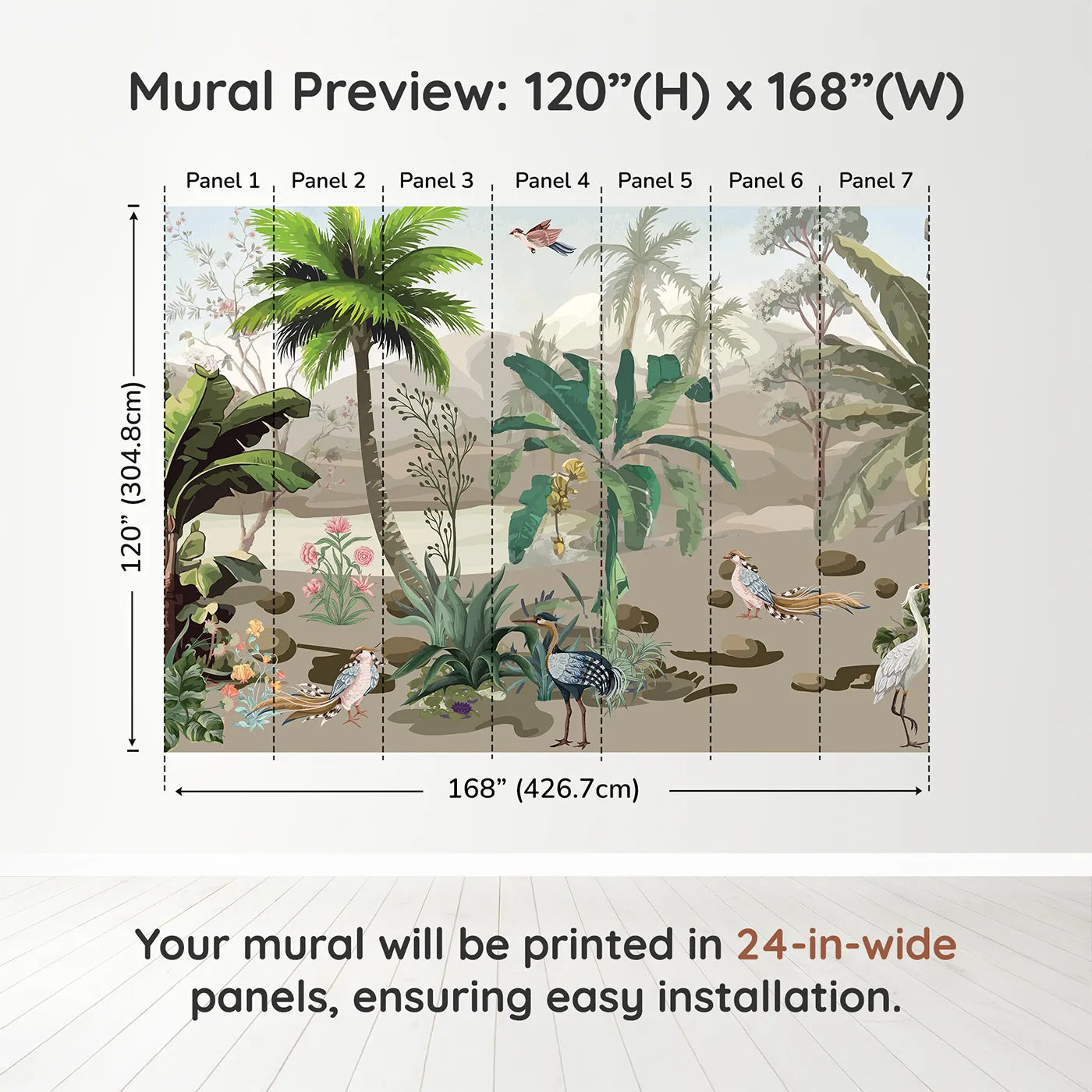 Whimsy Tots Exotic Bird Sanctuary Wall Muraldimension view (120" H x 168" W). Printed in seven 24-inch-wide panels. Gender-Neutral