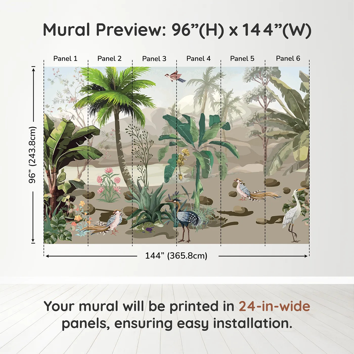 Whimsy Tots Exotic Bird Sanctuary Wall Muraldimension view (96" H x 144" W). Printed in six 24-inch-wide panels. Gender-Neutral