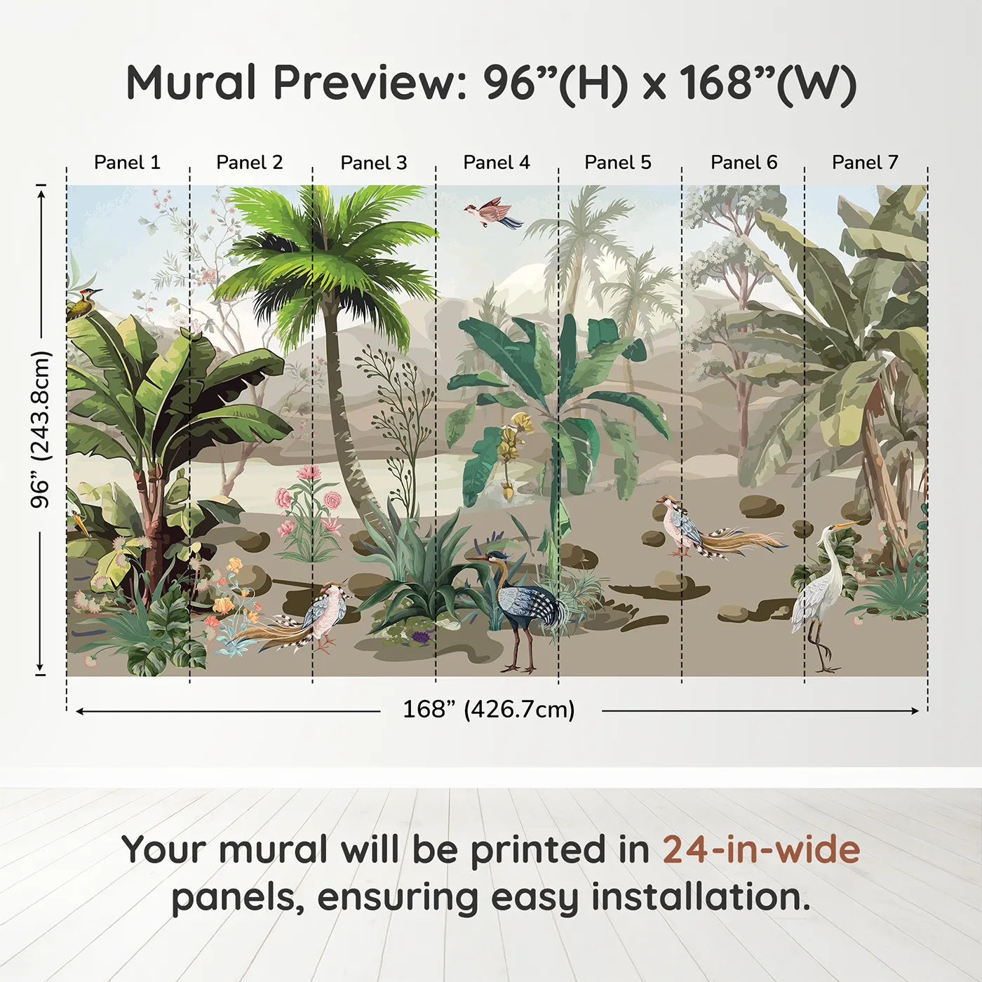 Whimsy Tots Exotic Bird Sanctuary Wall Muraldimension view (96" H x 168" W). Printed in seven 24-inch-wide panels. Gender-Neutral