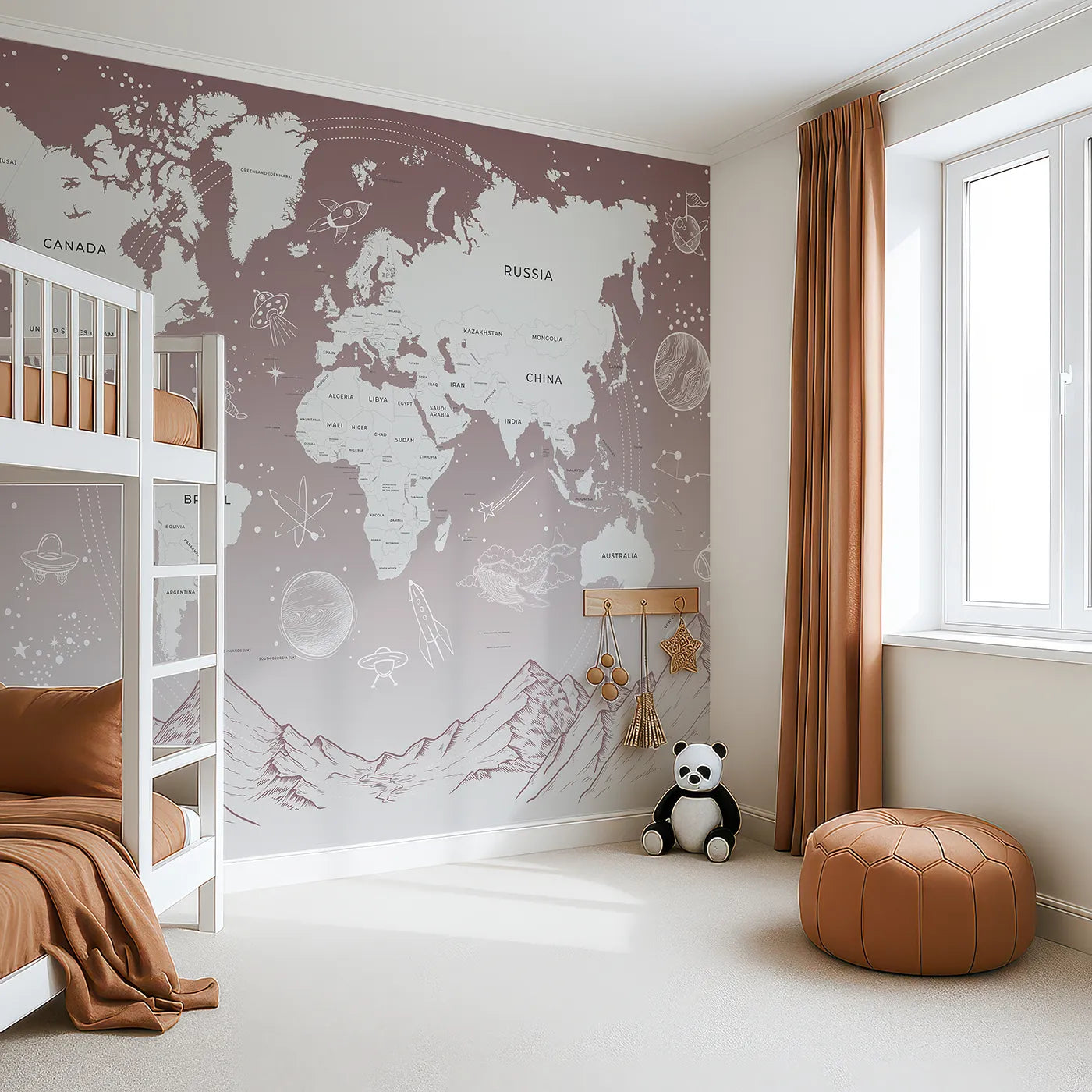 Angled view of Whimsy Tots' Cosmic Explorer World Map Wall Mural in Pink (Turn Their Room into a Cosmic Global Adventure).Gender-Neutral