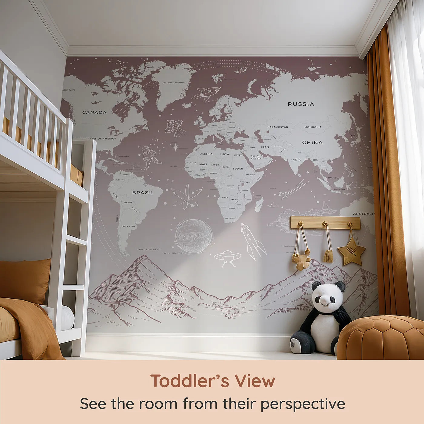 Whimsy Tots Cosmic Explorer World Map Wall Mural in Pink (Turn Their Room into a Cosmic Global Adventure) from your child's view.Gender-Neutral