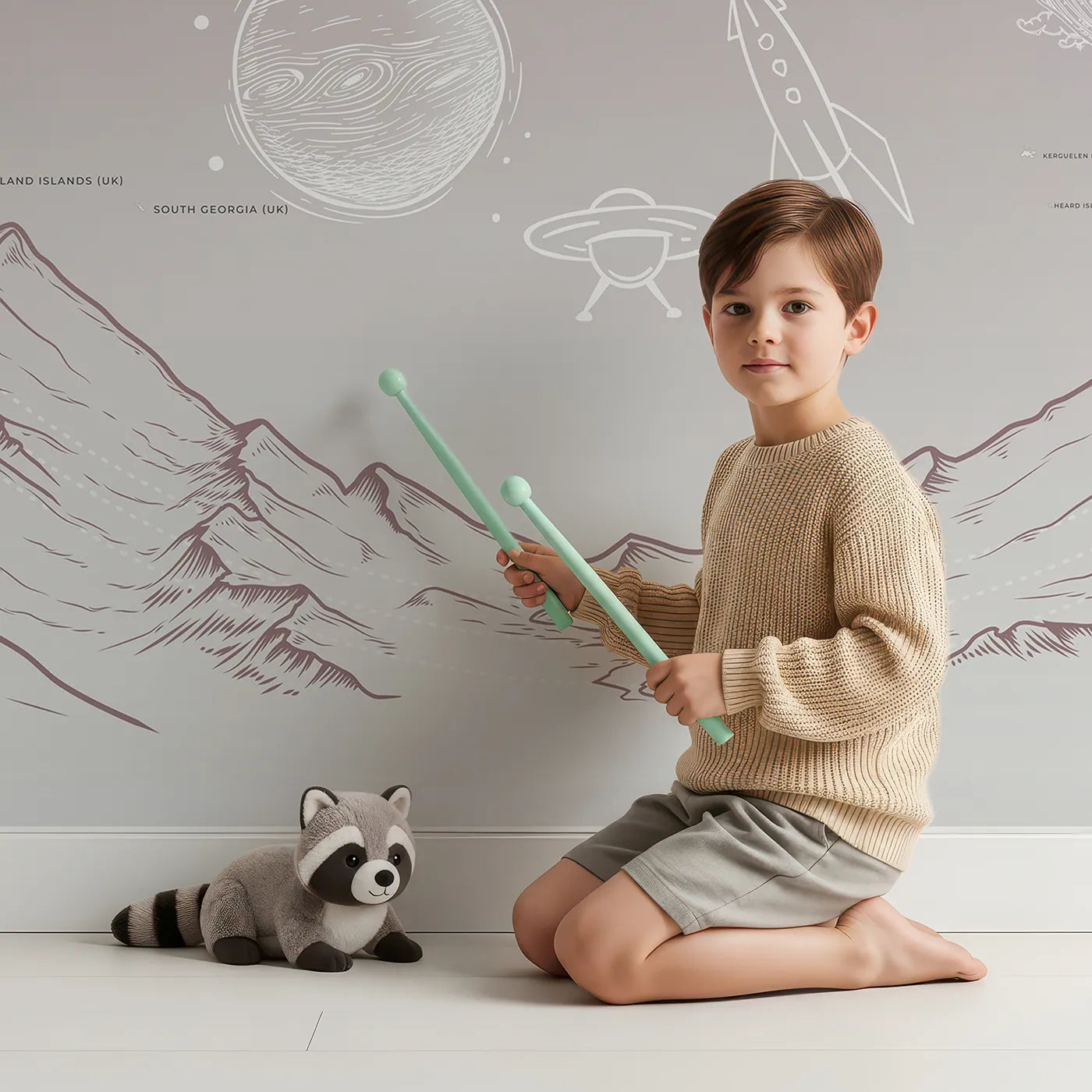 Child in front of Whimsy Tots Cosmic Explorer World Map Wall Mural in Pink with map, world, space, rocket, planet, mountain, pink, sketch in design.