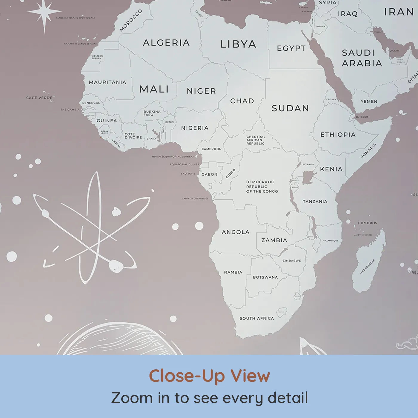 Close-up view of Whimsy Tots' Cosmic Explorer World Map Wall Mural in Pink (Turn Their Room into a Cosmic Global Adventure).Gender-Neutral