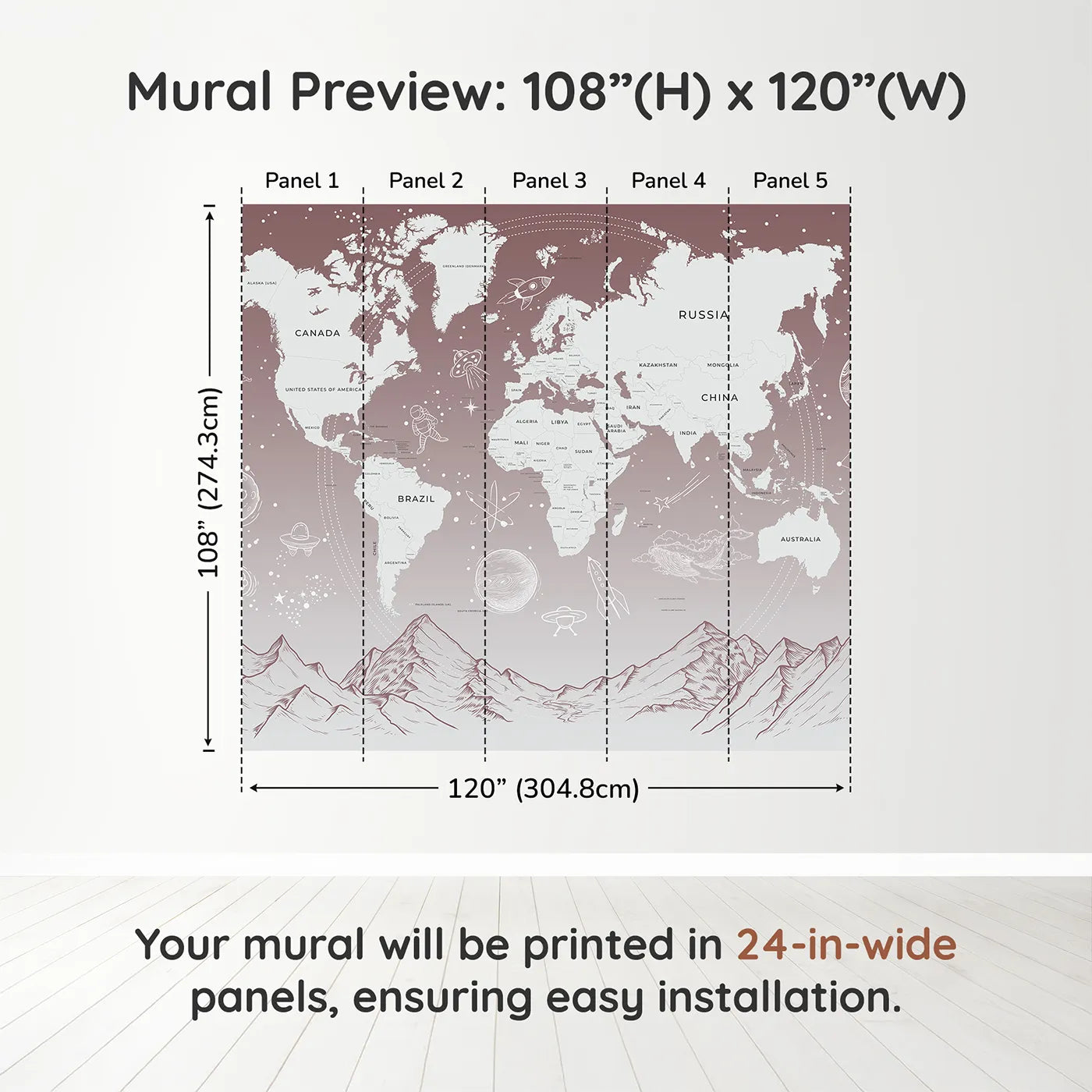 Whimsy Tots Cosmic Explorer World Map Wall Mural in Pinkdimension view (108" H x 120" W). Printed in five 24-inch-wide panels. Gender-Neutral