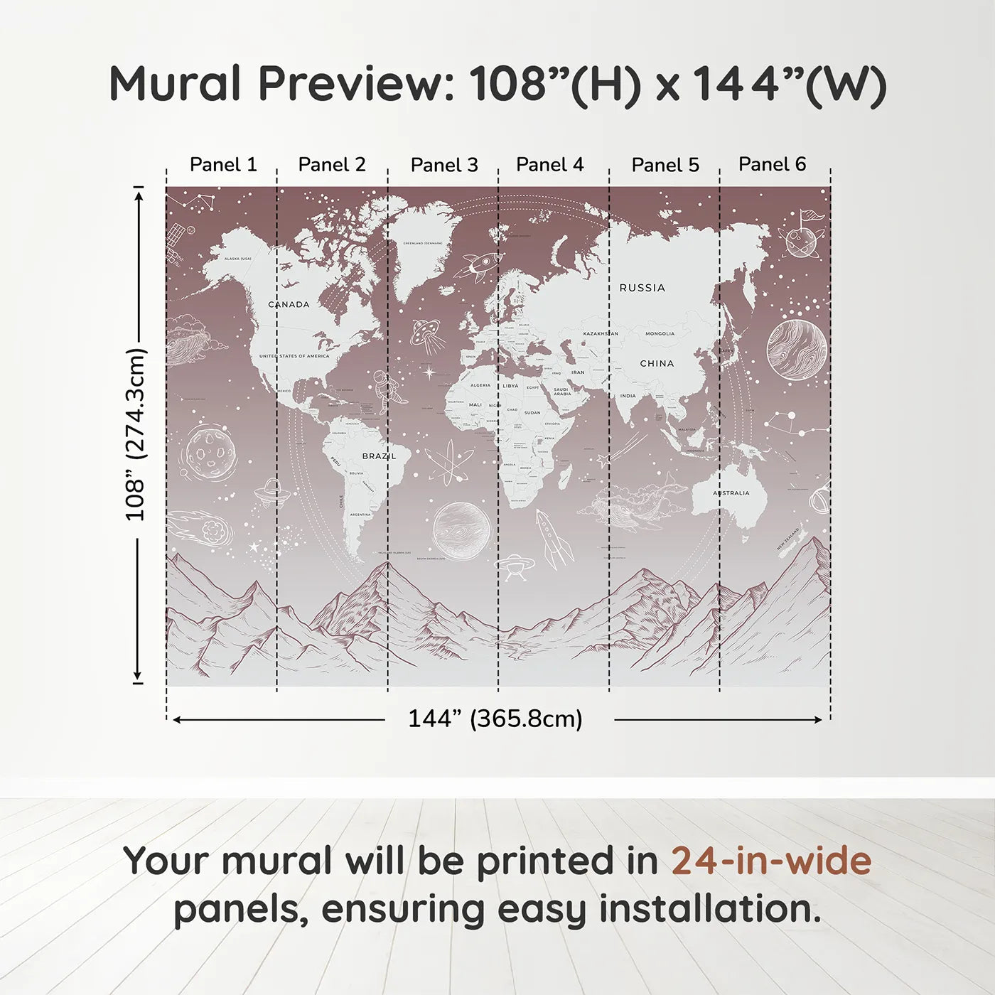 Whimsy Tots Cosmic Explorer World Map Wall Mural in Pinkdimension view (108" H x 144" W). Printed in six 24-inch-wide panels. Gender-Neutral