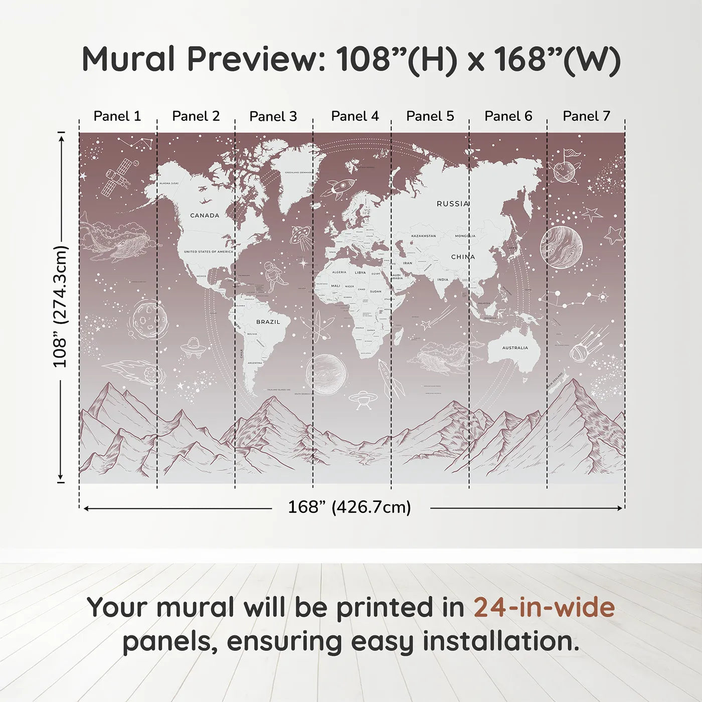Whimsy Tots Cosmic Explorer World Map Wall Mural in Pinkdimension view (108" H x 168" W). Printed in seven 24-inch-wide panels. Gender-Neutral