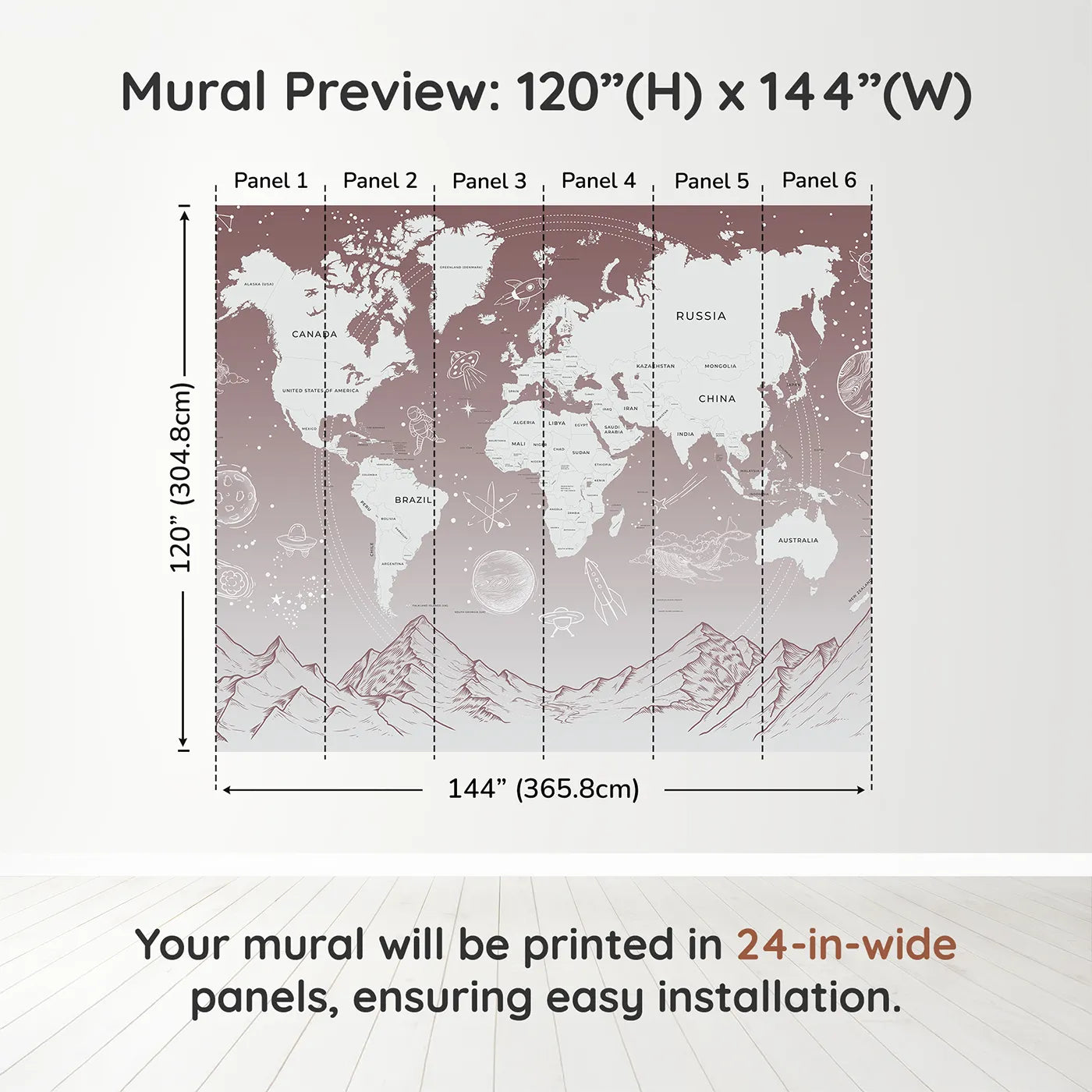 Whimsy Tots Cosmic Explorer World Map Wall Mural in Pinkdimension view (120" H x 144" W). Printed in six 24-inch-wide panels. Gender-Neutral