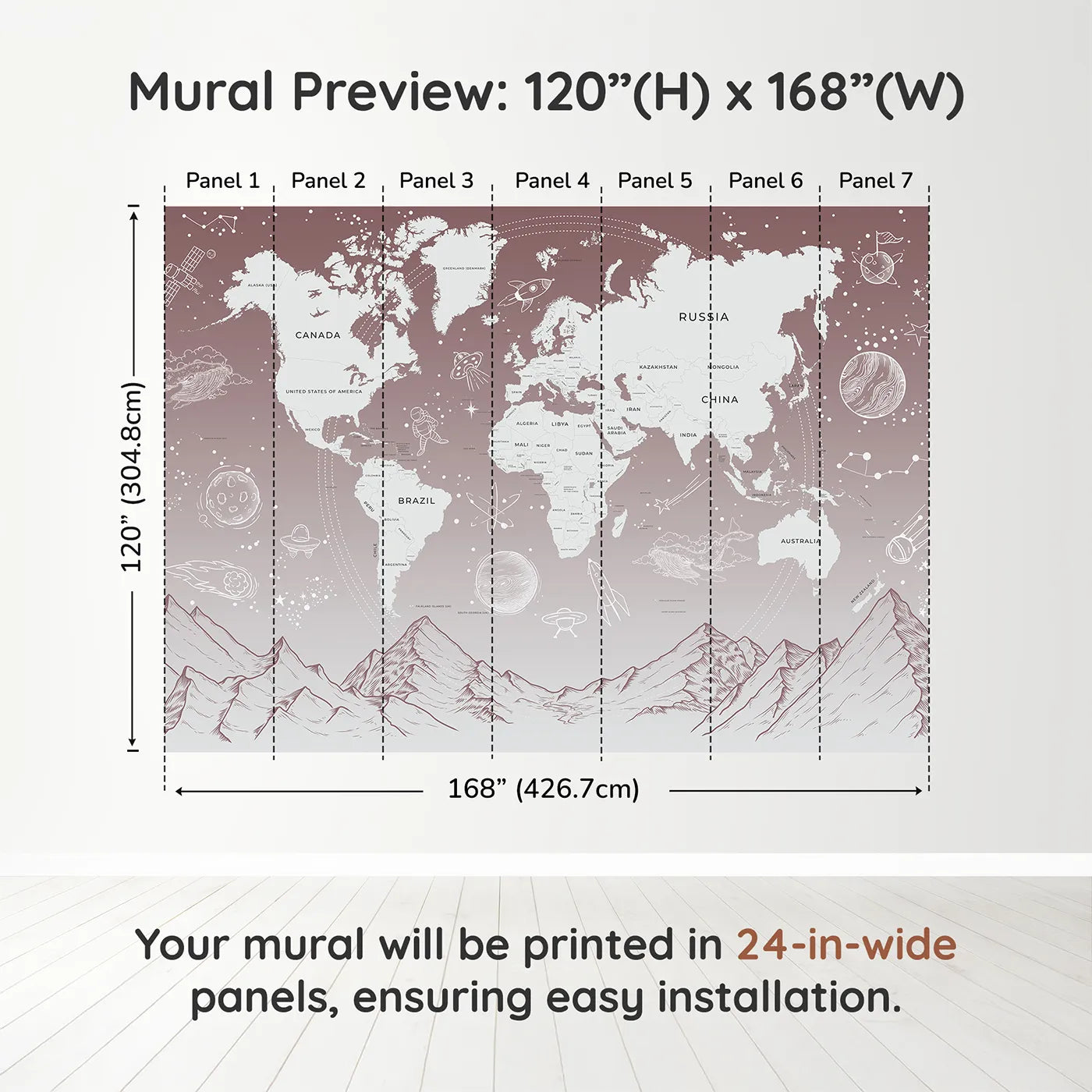 Whimsy Tots Cosmic Explorer World Map Wall Mural in Pinkdimension view (120" H x 168" W). Printed in seven 24-inch-wide panels. Gender-Neutral