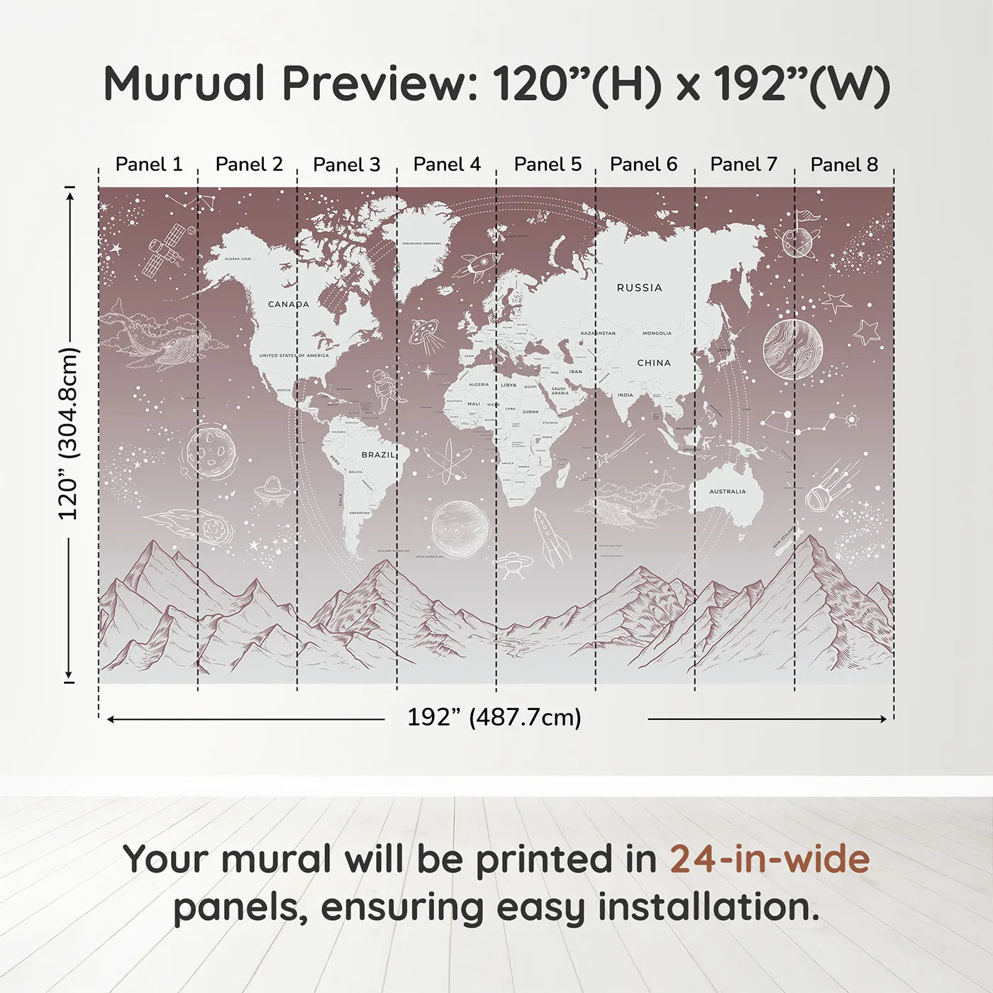 Whimsy Tots Cosmic Explorer World Map Wall Mural in Pinkdimension view (120" H x 192" W). Printed in eight 24-inch-wide panels. Gender-Neutral