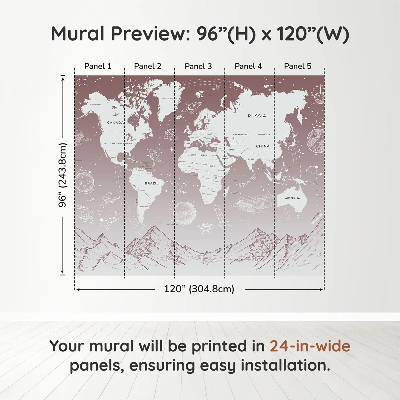 Whimsy Tots Cosmic Explorer World Map Wall Mural in Pinkdimension view (96" H x 120" W). Printed in five 24-inch-wide panels. Gender-Neutral