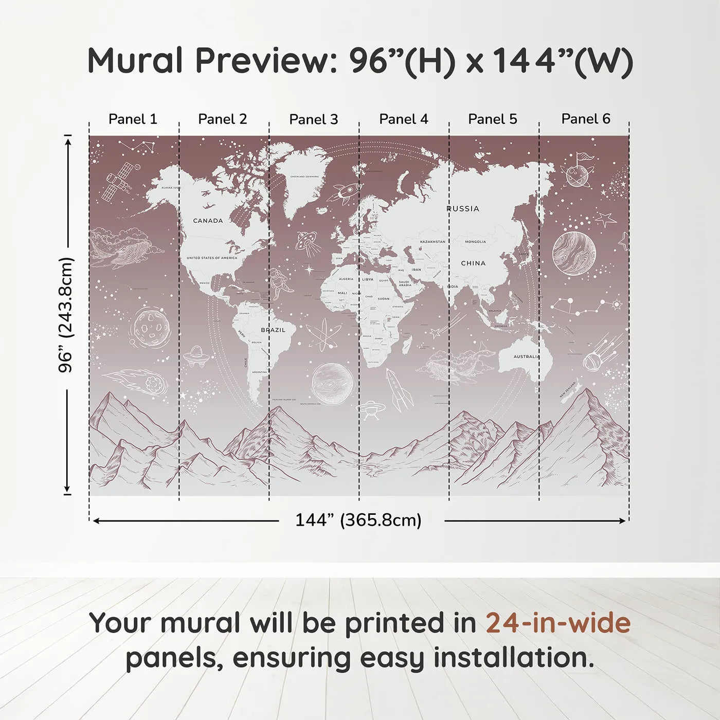 Whimsy Tots Cosmic Explorer World Map Wall Mural in Pinkdimension view (96" H x 144" W). Printed in six 24-inch-wide panels. Gender-Neutral