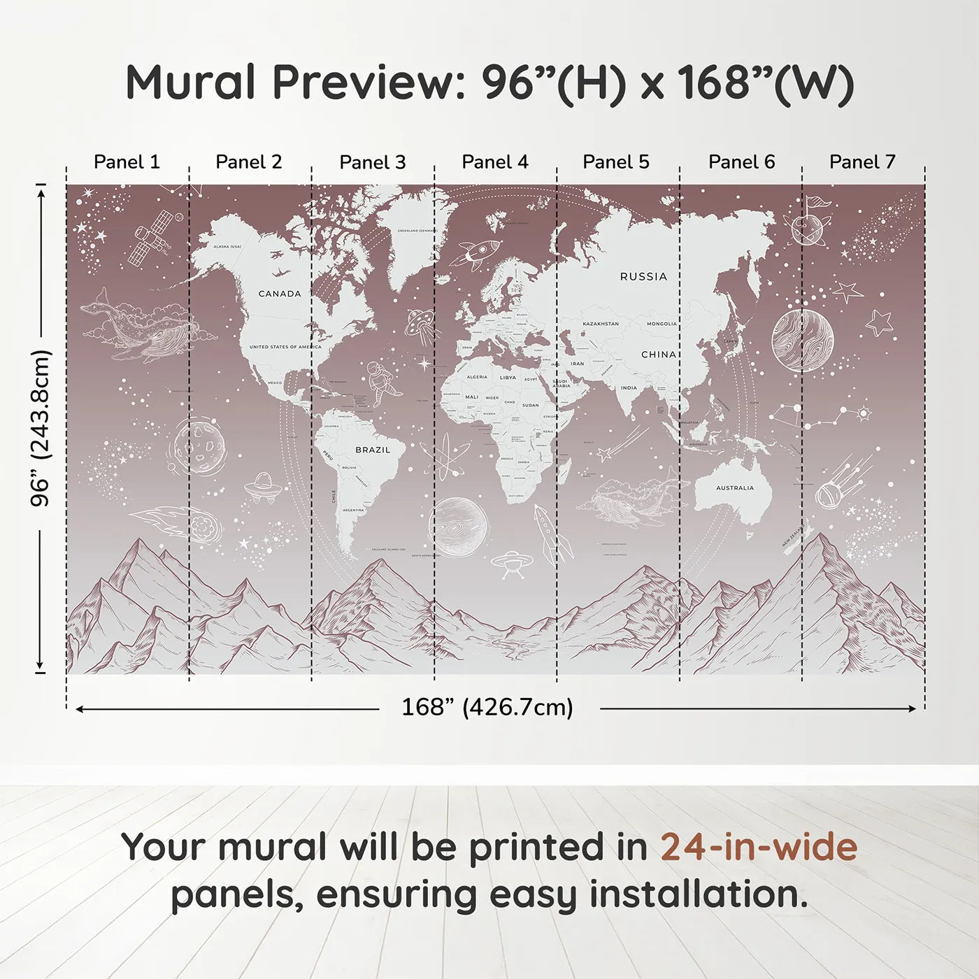 Whimsy Tots Cosmic Explorer World Map Wall Mural in Pinkdimension view (96" H x 168" W). Printed in seven 24-inch-wide panels. Gender-Neutral