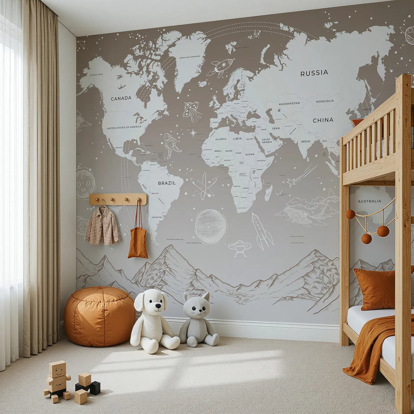 Angled view of Whimsy Tots' Cosmic Explorer World Map Wall Mural in Brown (Turn Their Room into a Cosmic Global Adventure).Gender-Neutral