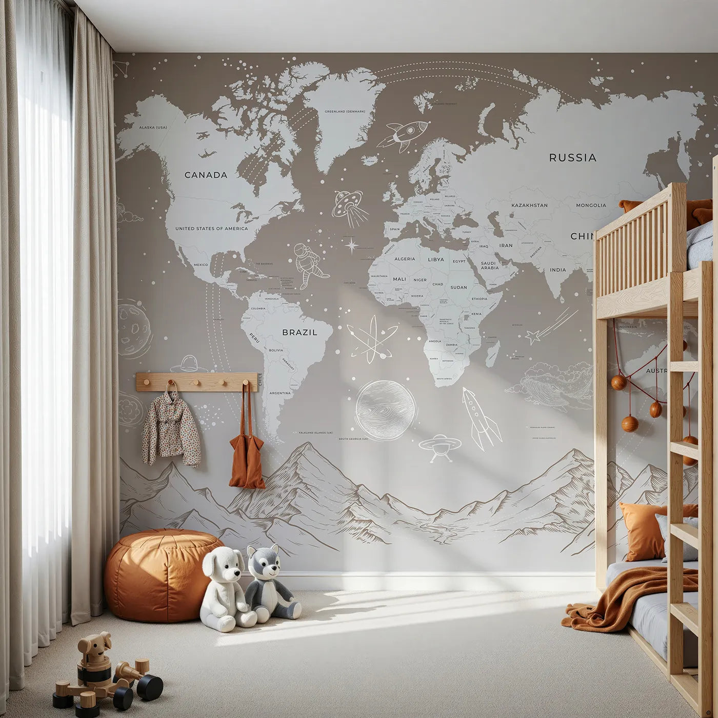 Front view of Whimsy Tots' Cosmic Explorer World Map Wall Mural in Brown