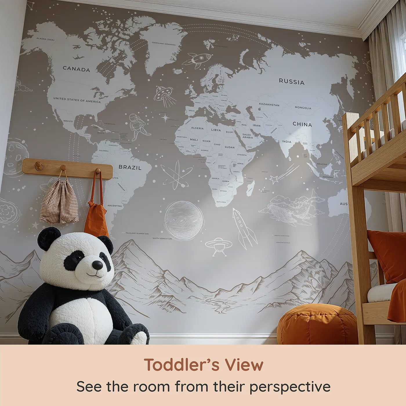 Whimsy Tots Cosmic Explorer World Map Wall Mural in Brown (Turn Their Room into a Cosmic Global Adventure) from your child's view.Gender-Neutral