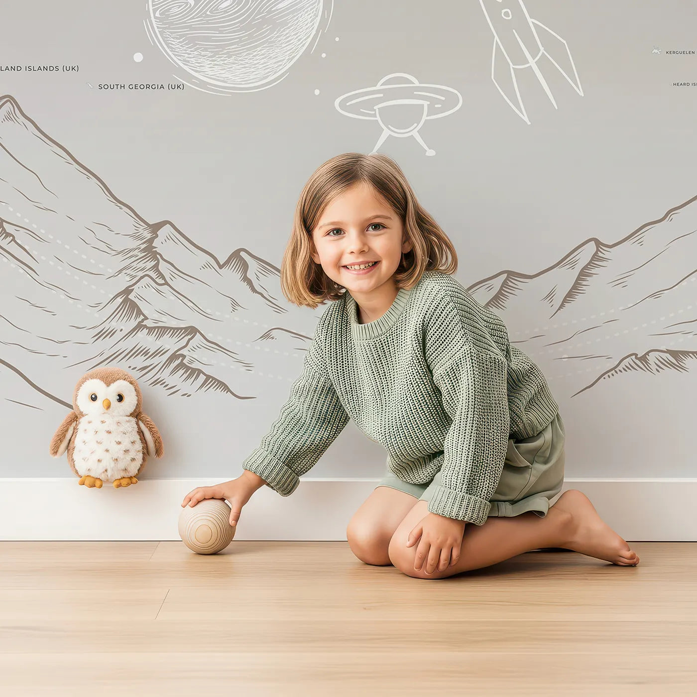 Child in front of Whimsy Tots Cosmic Explorer World Map Wall Mural in Brown with map, world, space, rocket, planet, mountain, brown, sketch in design.