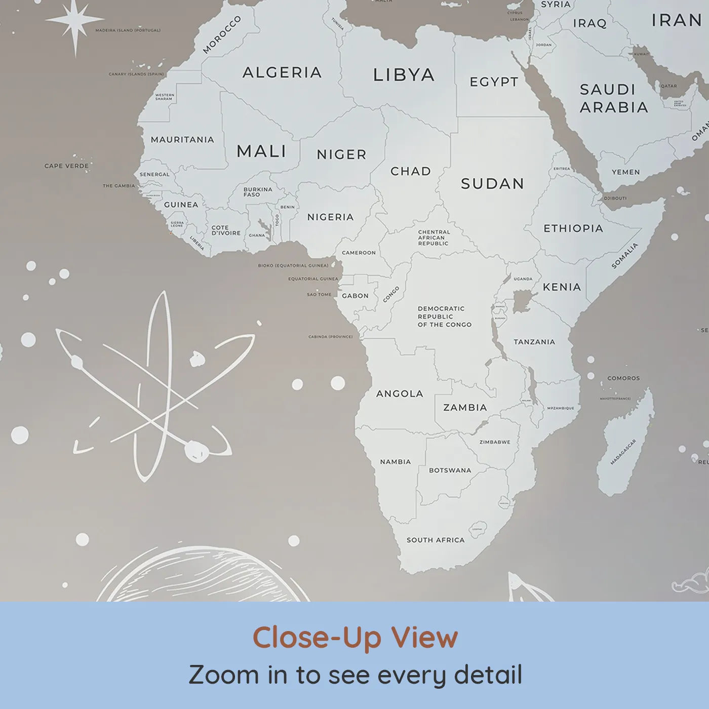 Close-up view of Whimsy Tots' Cosmic Explorer World Map Wall Mural in Brown (Turn Their Room into a Cosmic Global Adventure).Gender-Neutral