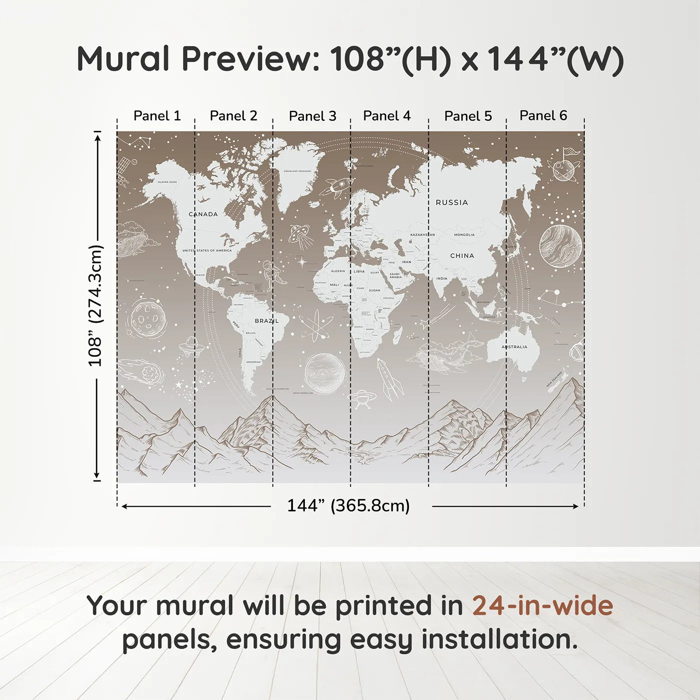 Whimsy Tots Cosmic Explorer World Map Wall Mural in Browndimension view (108" H x 144" W). Printed in six 24-inch-wide panels. Gender-Neutral