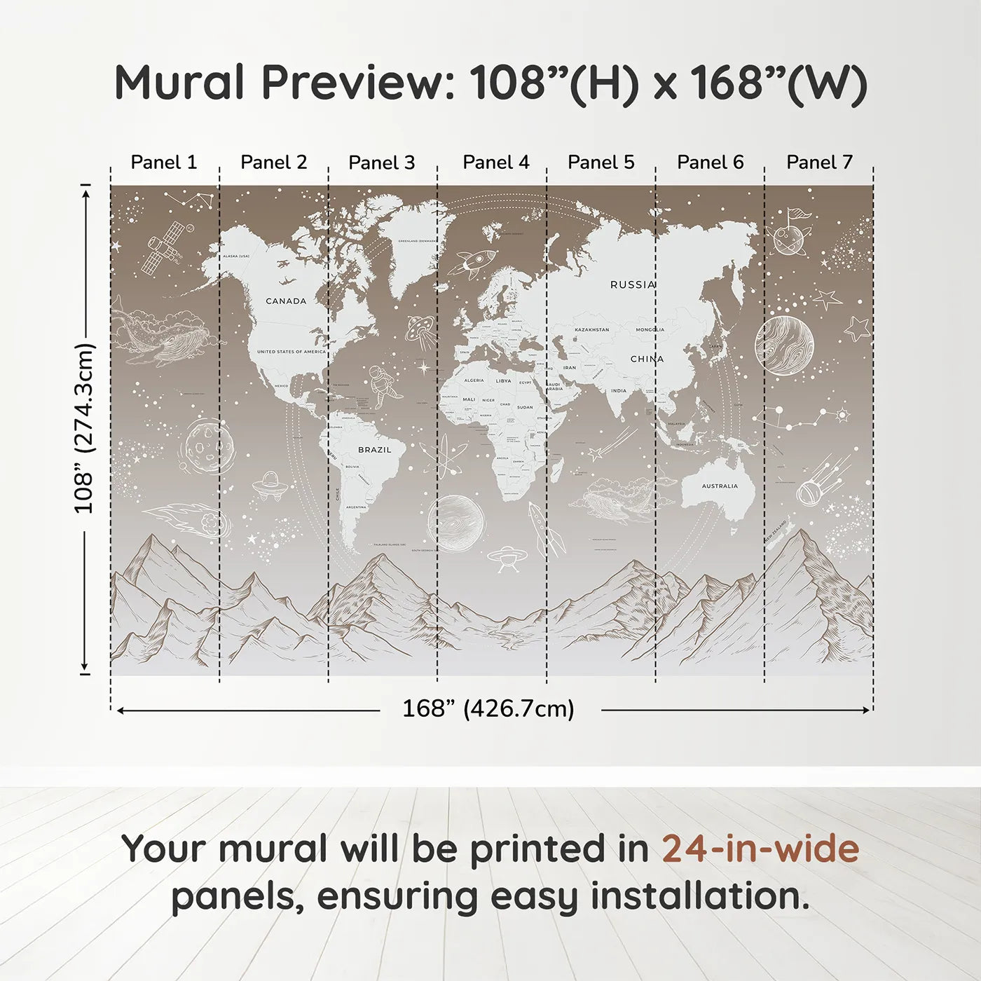 Whimsy Tots Cosmic Explorer World Map Wall Mural in Browndimension view (108" H x 168" W). Printed in seven 24-inch-wide panels. Gender-Neutral