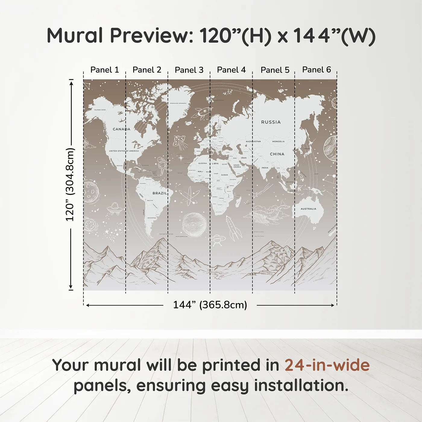 Whimsy Tots Cosmic Explorer World Map Wall Mural in Browndimension view (120" H x 144" W). Printed in six 24-inch-wide panels. Gender-Neutral