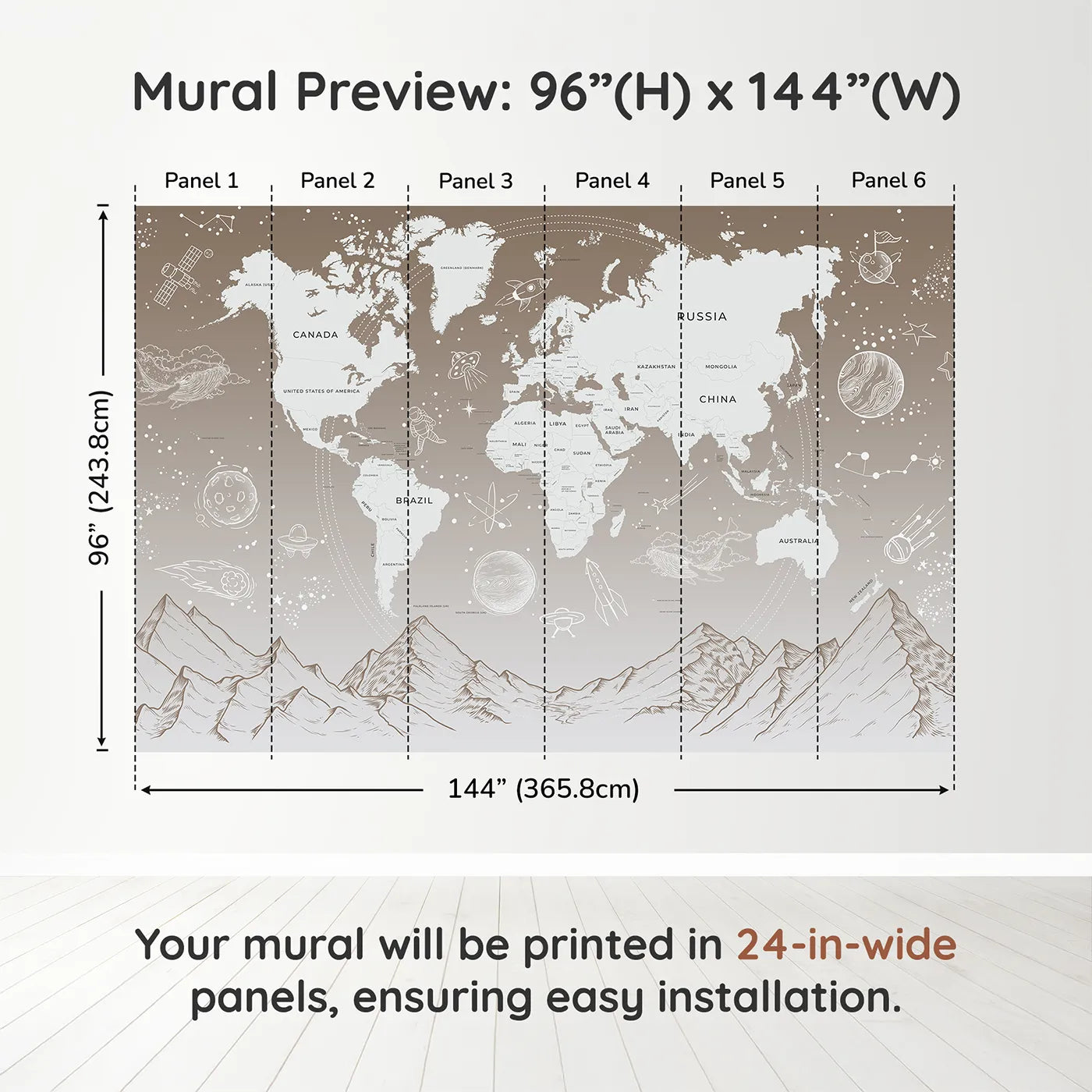 Whimsy Tots Cosmic Explorer World Map Wall Mural in Browndimension view (96" H x 144" W). Printed in six 24-inch-wide panels. Gender-Neutral