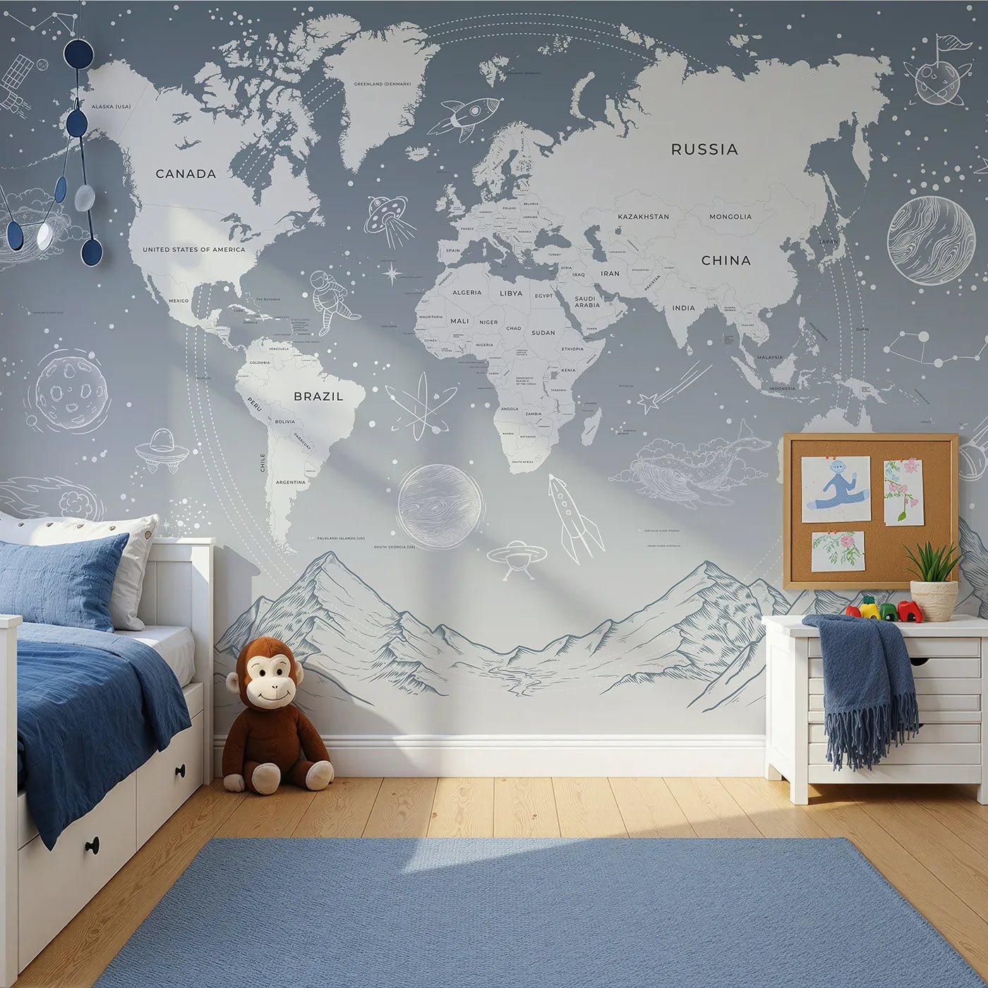 Front view of Whimsy Tots' Cosmic Explorer World Map Wall Mural in Blue