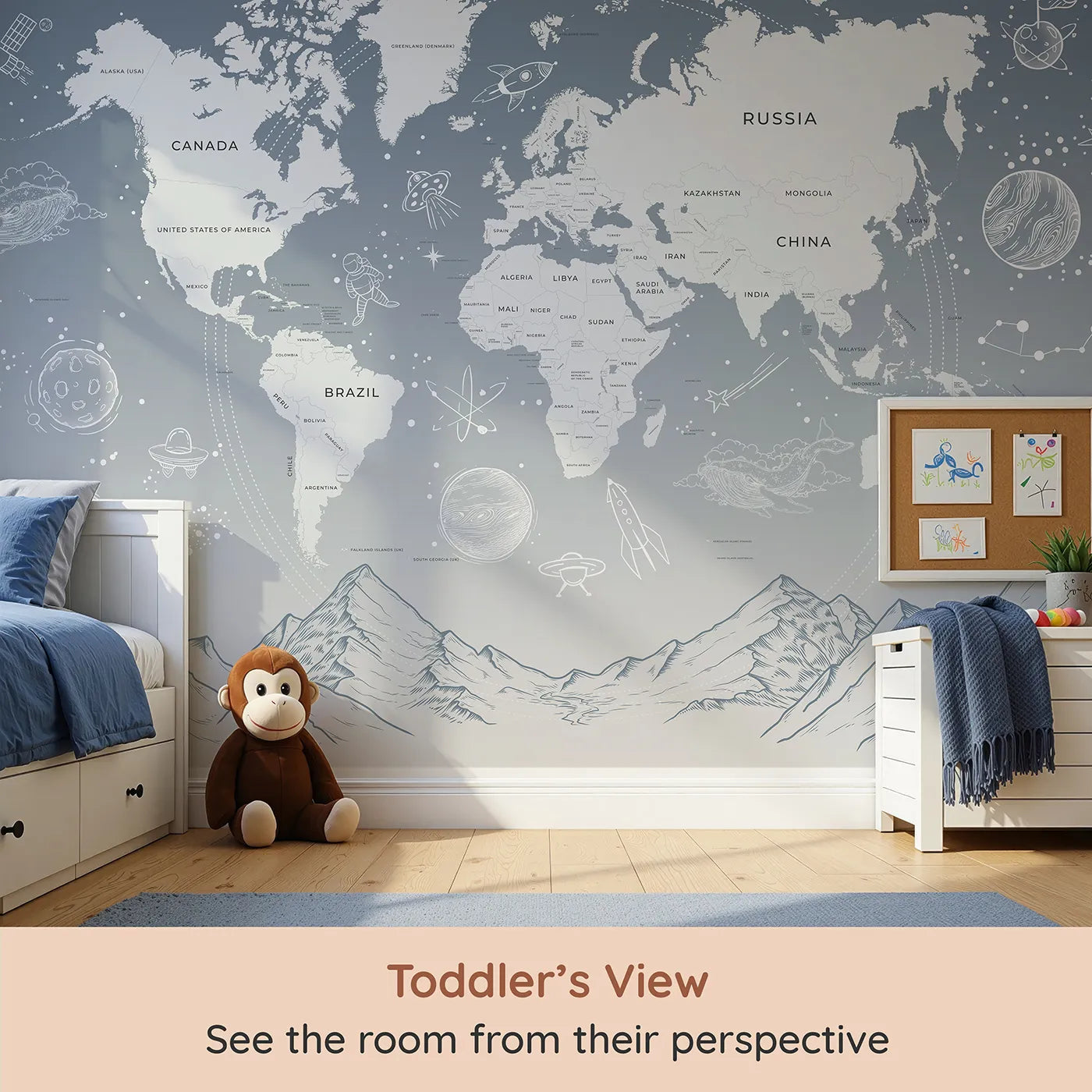 Whimsy Tots Cosmic Explorer World Map Wall Mural in Blue (Turn Their Room into a Cosmic Global Adventure) from your child's view.Gender-Neutral