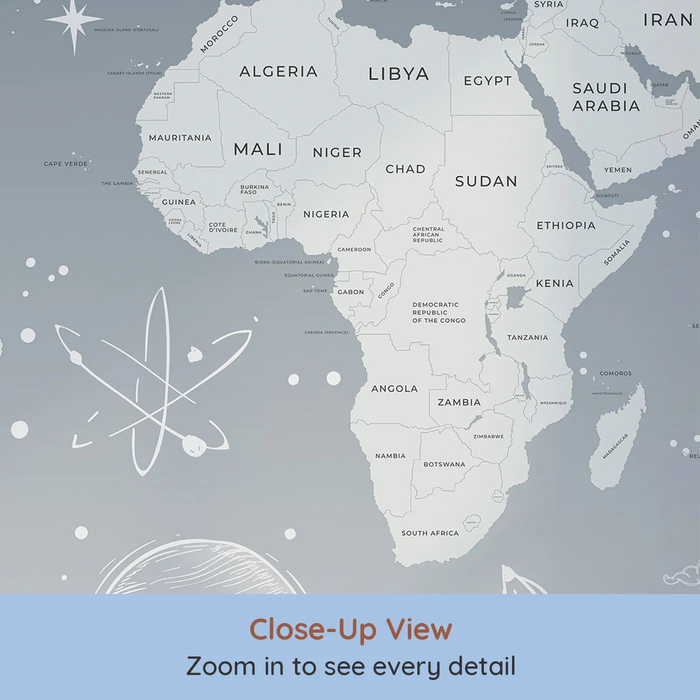 Close-up view of Whimsy Tots' Cosmic Explorer World Map Wall Mural in Blue (Turn Their Room into a Cosmic Global Adventure).Gender-Neutral