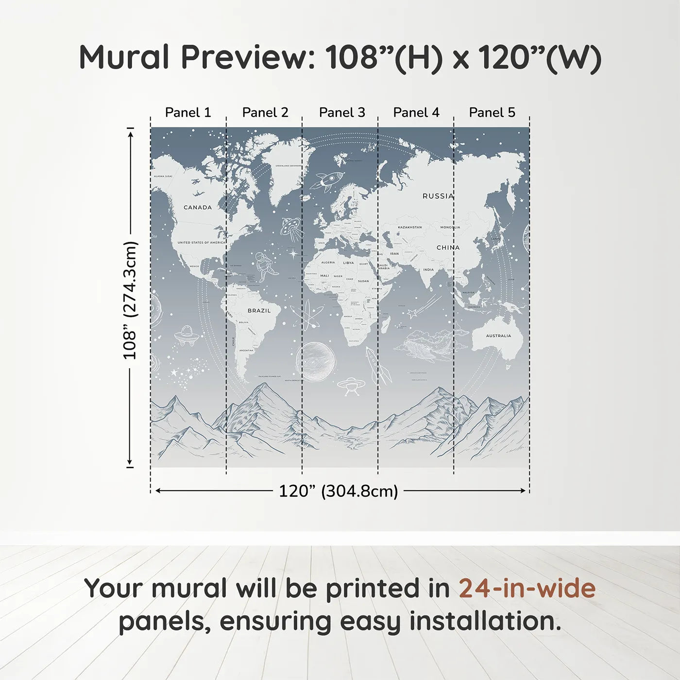 Whimsy Tots Cosmic Explorer World Map Wall Mural in Bluedimension view (108" H x 120" W). Printed in five 24-inch-wide panels. Gender-Neutral