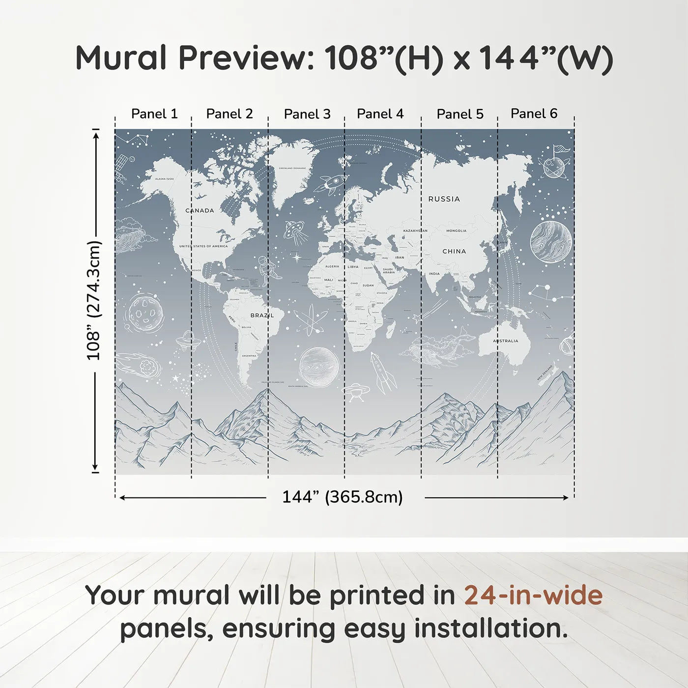 Whimsy Tots Cosmic Explorer World Map Wall Mural in Bluedimension view (108" H x 144" W). Printed in six 24-inch-wide panels. Gender-Neutral