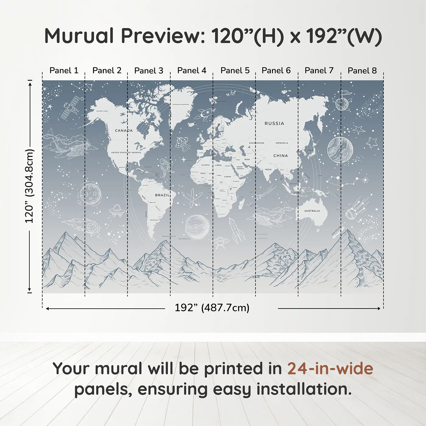 Whimsy Tots Cosmic Explorer World Map Wall Mural in Bluedimension view (120" H x 192" W). Printed in eight 24-inch-wide panels. Gender-Neutral
