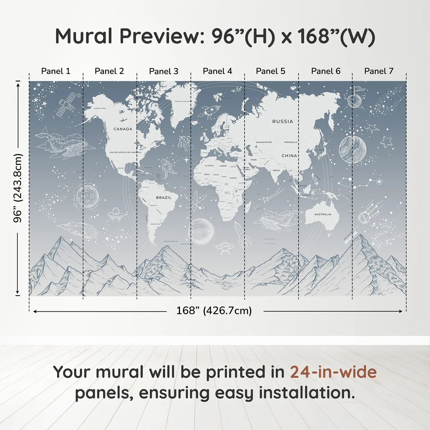 Whimsy Tots Cosmic Explorer World Map Wall Mural in Bluedimension view (96" H x 168" W). Printed in seven 24-inch-wide panels. Gender-Neutral
