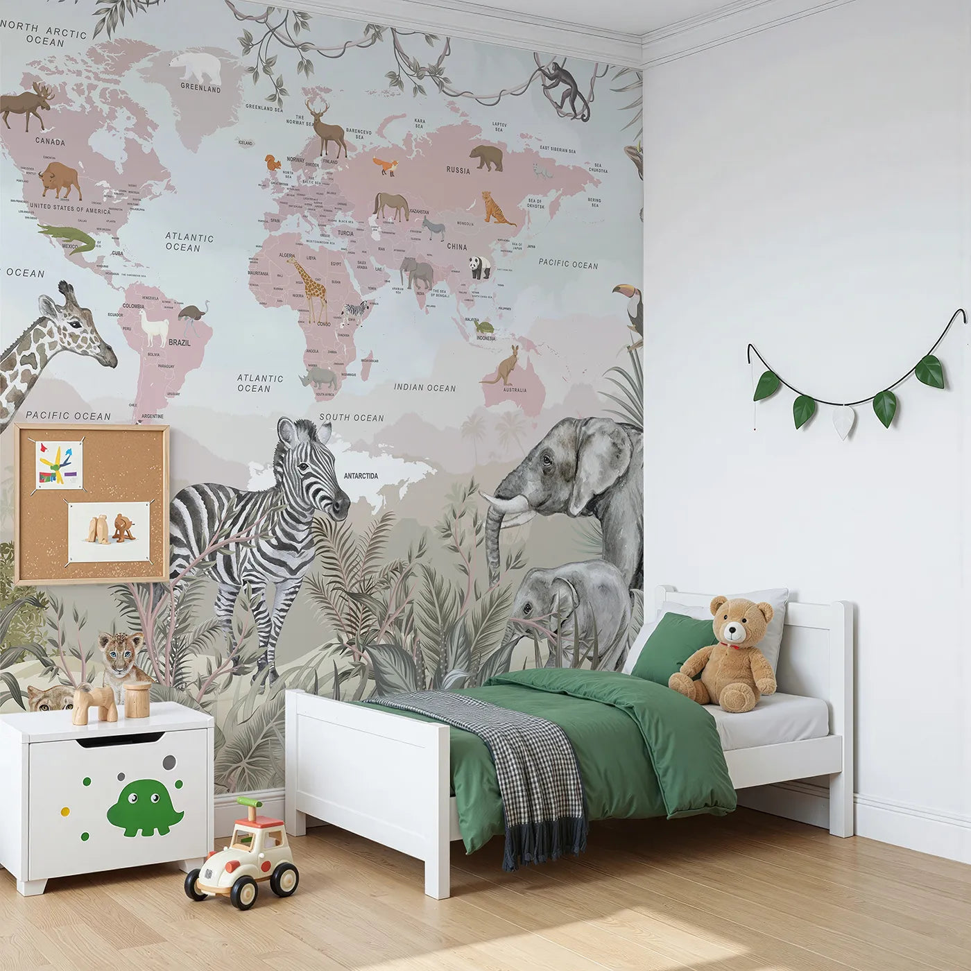 Angled view of Whimsy Tots' Safari Explorer World Map Wall Mural (Turn Their Room into a Grand, Globe-Trotting Safari).Gender-Neutral