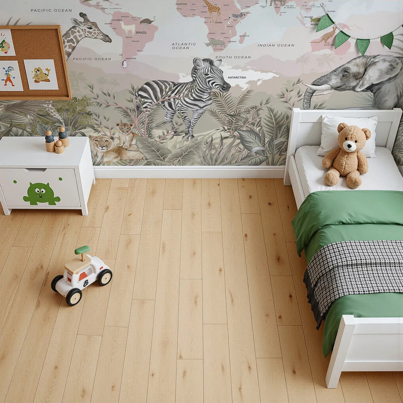 Top-down view of Whimsy Tots' Safari Explorer World Map Wall Mural (Turn Their Room into a Grand, Globe-Trotting Safari).Gender-Neutral