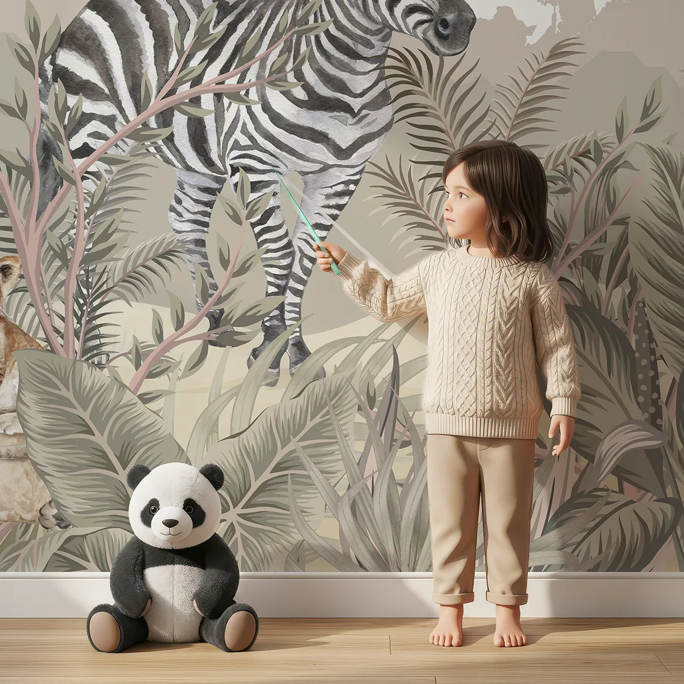Child in front of Whimsy Tots Safari Explorer World Map Wall Mural with map, world, animal, jungle, safari, vintage, educational, realistic in design.