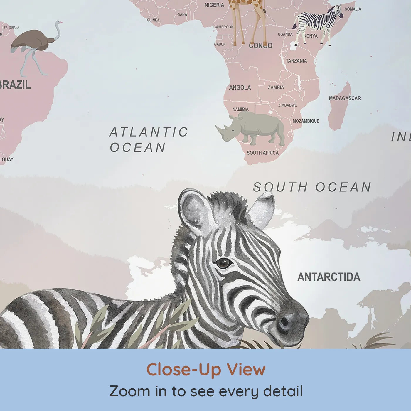 Close-up view of Whimsy Tots' Safari Explorer World Map Wall Mural (Turn Their Room into a Grand, Globe-Trotting Safari).Gender-Neutral