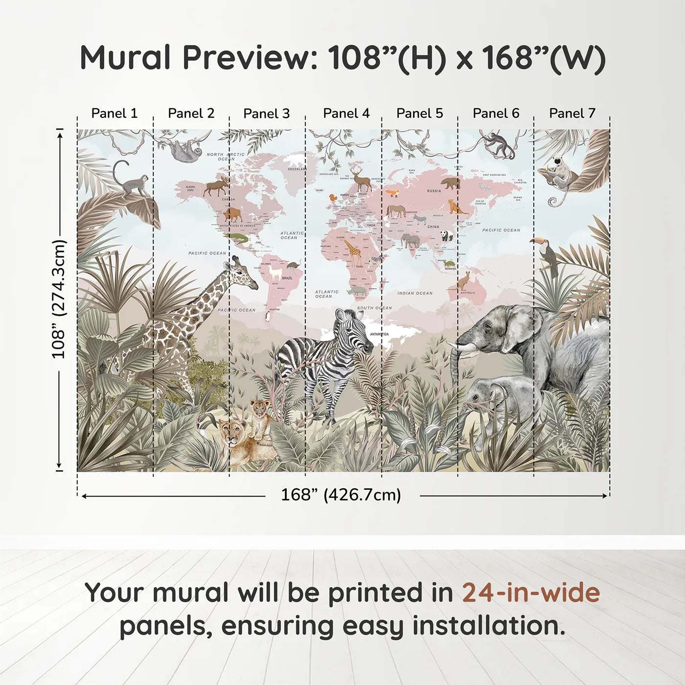 Whimsy Tots Safari Explorer World Map Wall Muraldimension view (108" H x 168" W). Printed in seven 24-inch-wide panels. Gender-Neutral