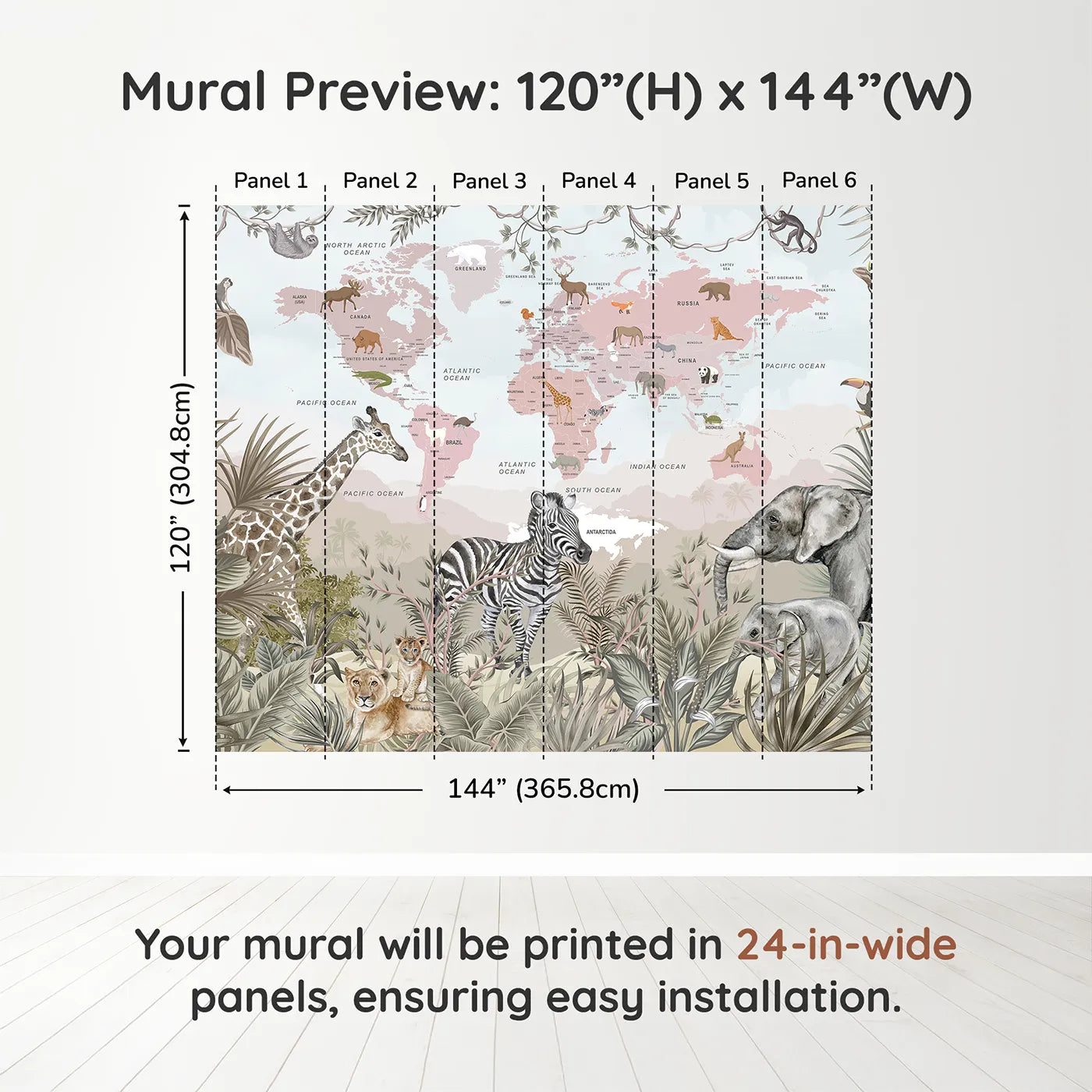 Whimsy Tots Safari Explorer World Map Wall Muraldimension view (120" H x 144" W). Printed in six 24-inch-wide panels. Gender-Neutral