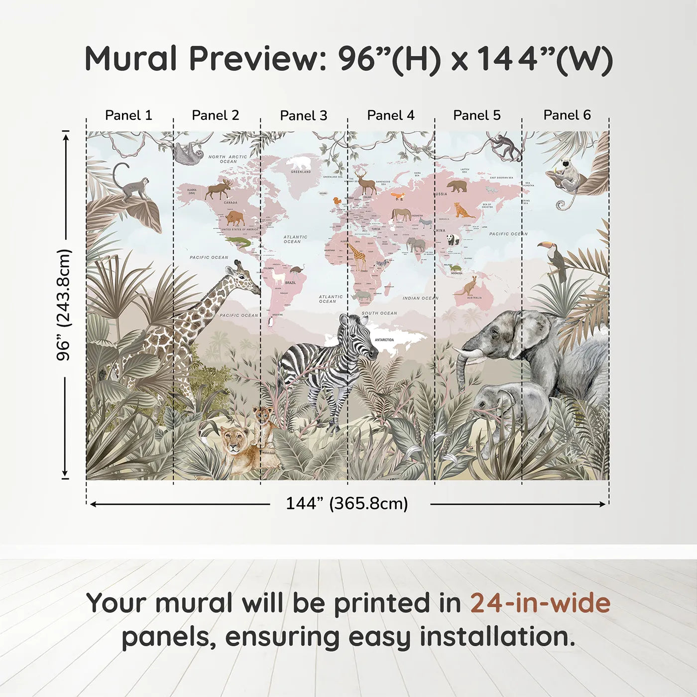 Whimsy Tots Safari Explorer World Map Wall Muraldimension view (96" H x 144" W). Printed in six 24-inch-wide panels. Gender-Neutral