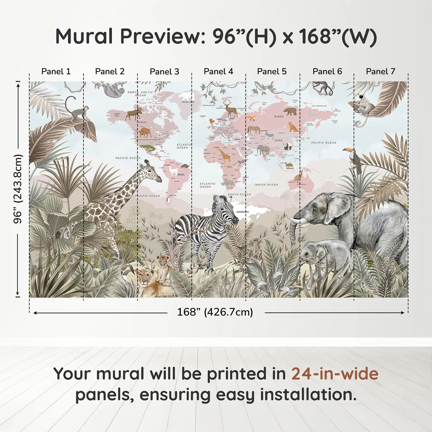 Whimsy Tots Safari Explorer World Map Wall Muraldimension view (96" H x 168" W). Printed in seven 24-inch-wide panels. Gender-Neutral