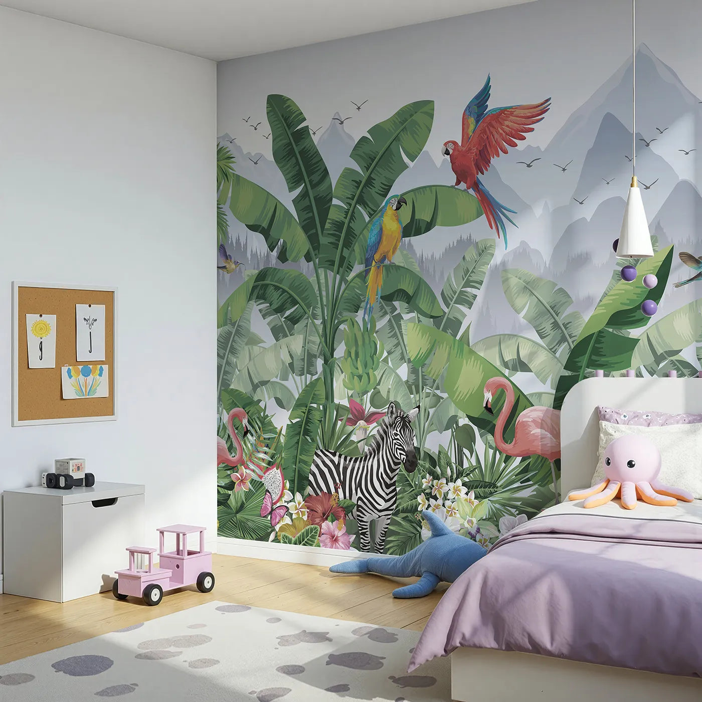 Angled view of Whimsy Tots' Vibrant Jungle Friends Wall Mural (Turn Their Room into a Colorful, Tropical Paradise).Gender-Neutral