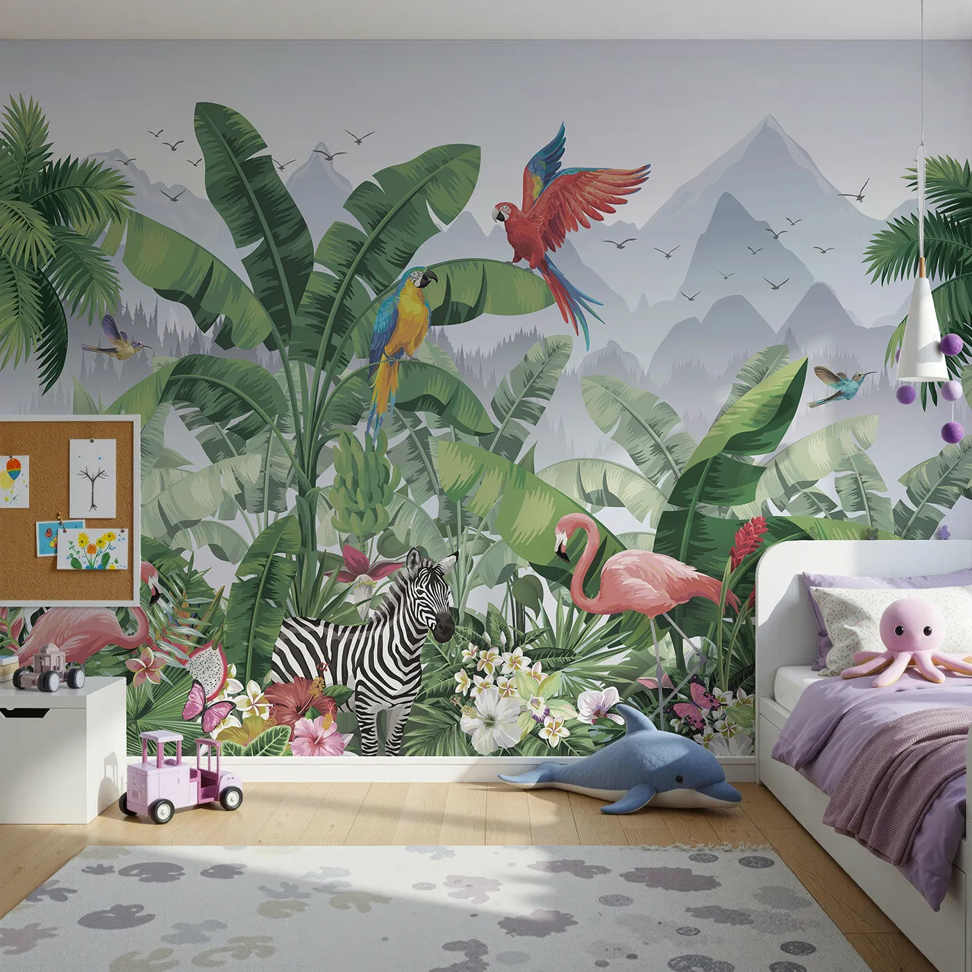 Front view of Whimsy Tots' Vibrant Jungle Friends Wall Mural