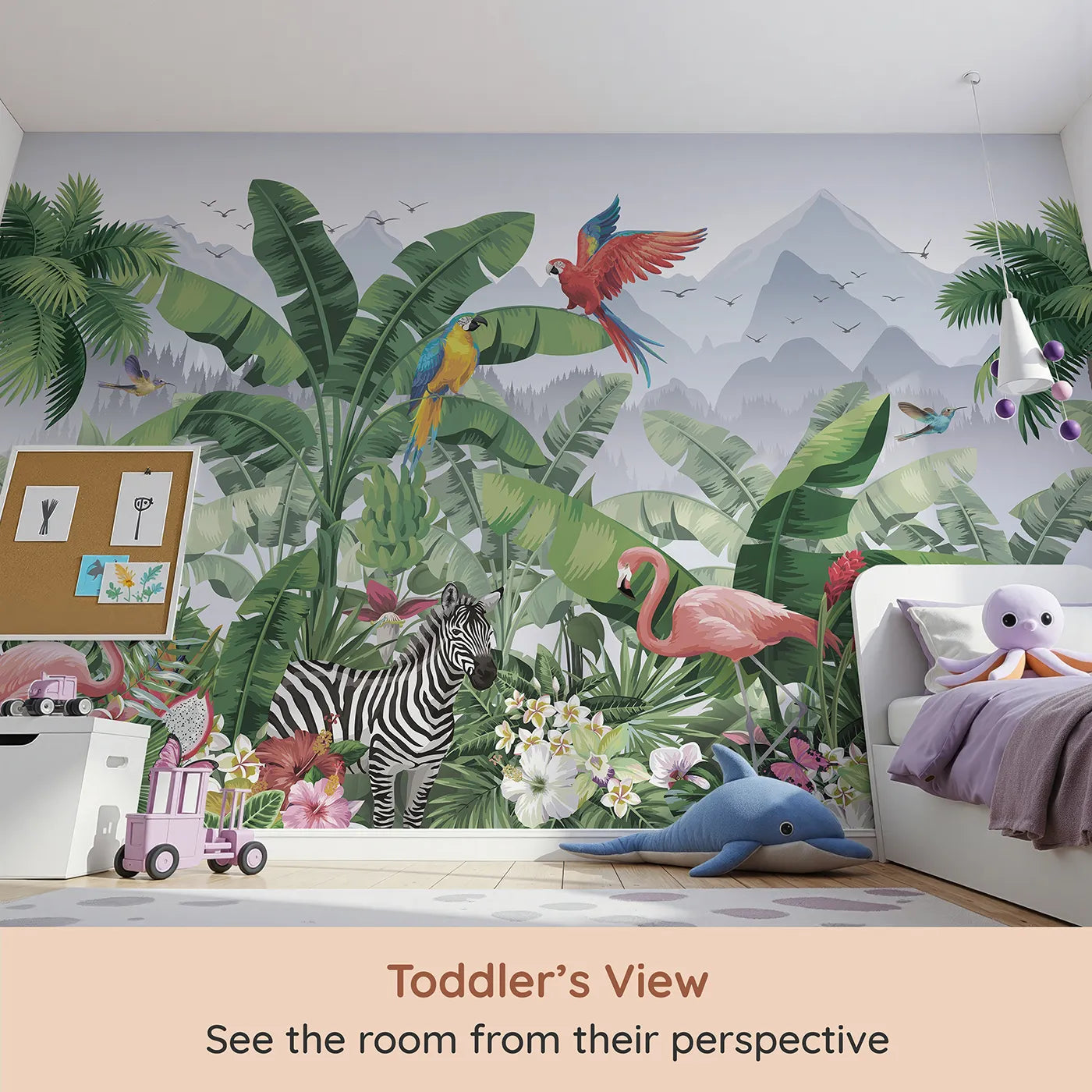 Whimsy Tots Vibrant Jungle Friends Wall Mural (Turn Their Room into a Colorful, Tropical Paradise) from your child's view.Gender-Neutral