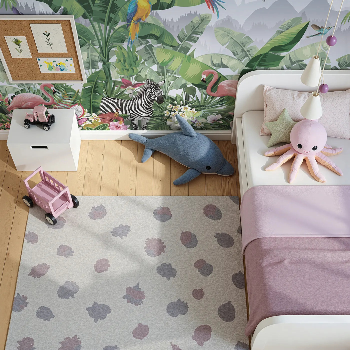 Top-down view of Whimsy Tots' Vibrant Jungle Friends Wall Mural (Turn Their Room into a Colorful, Tropical Paradise).Gender-Neutral