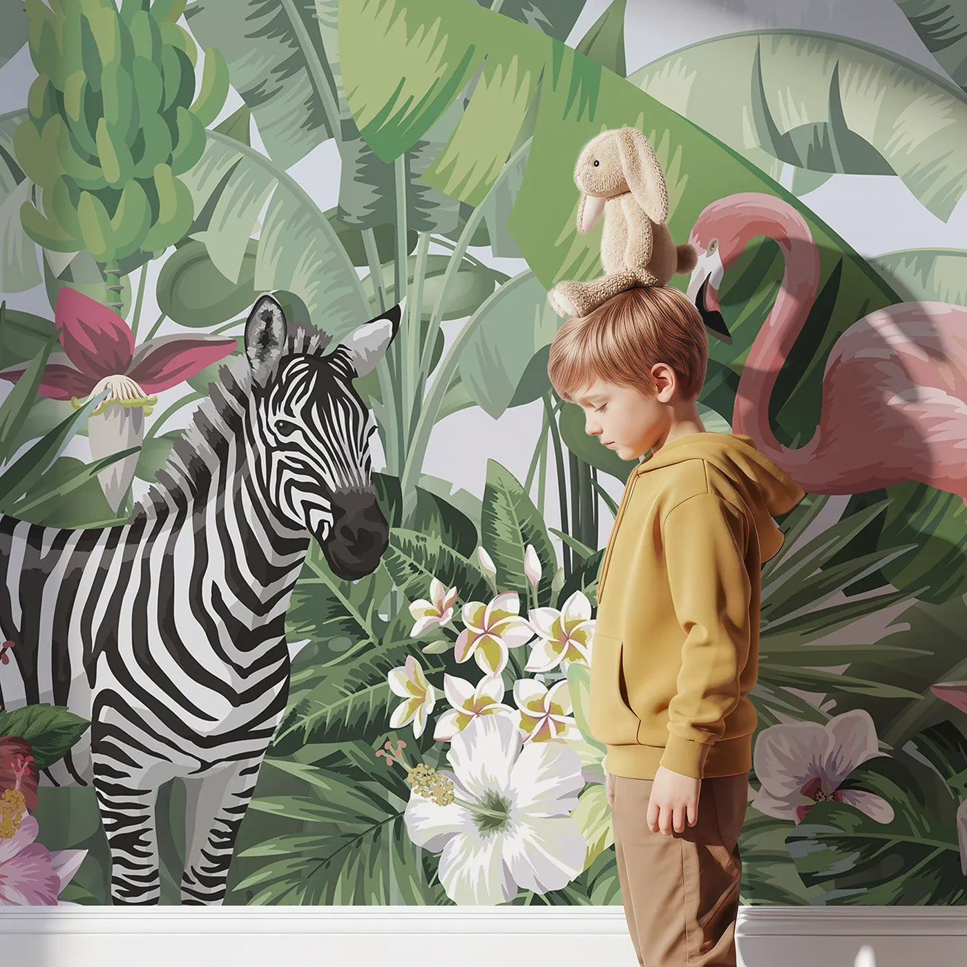 Child in front of Whimsy Tots Vibrant Jungle Friends Wall Mural with jungle, safari, animal, zebra, flamingo, parrot, tropical, vibrant in design.