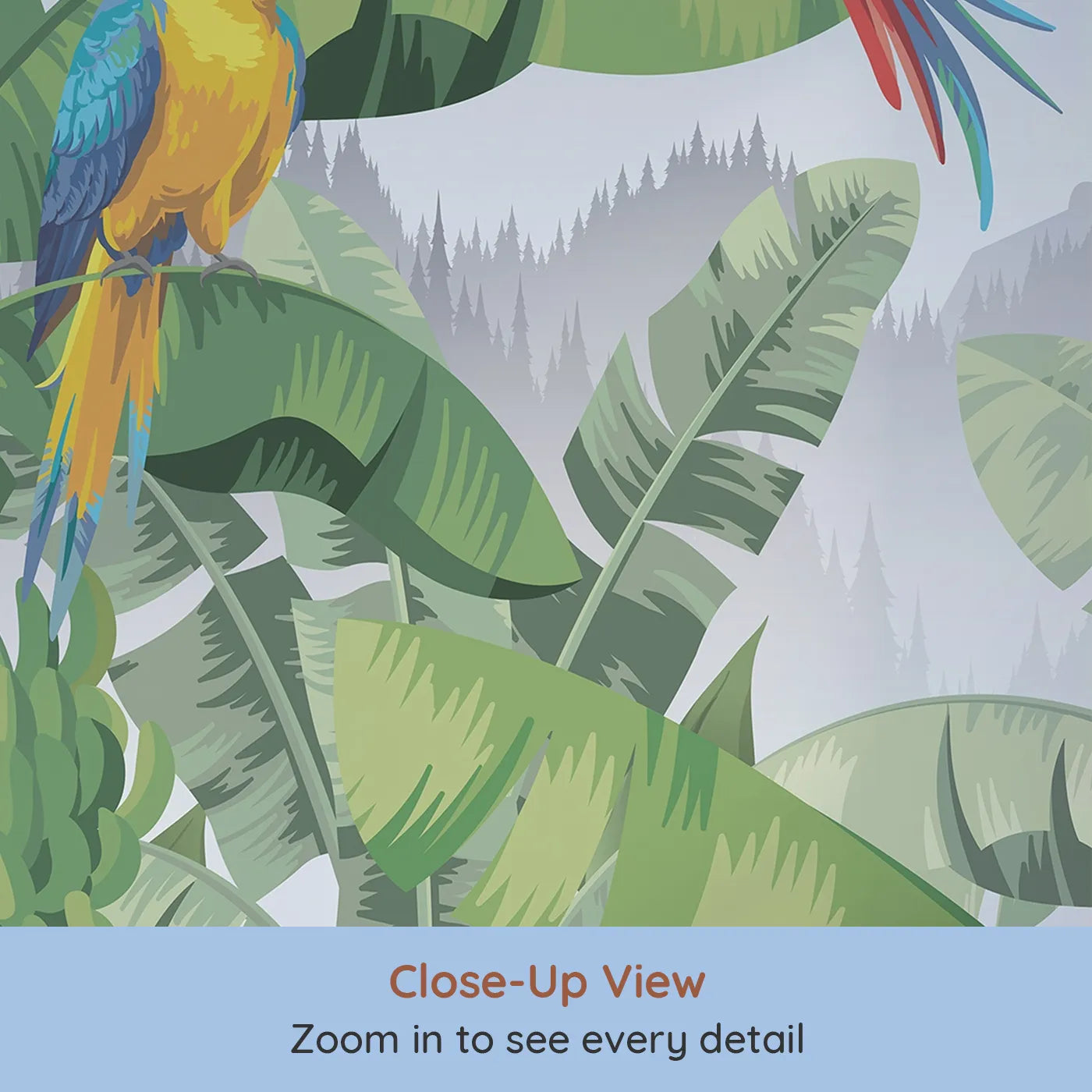 Close-up view of Whimsy Tots' Vibrant Jungle Friends Wall Mural (Turn Their Room into a Colorful, Tropical Paradise).Gender-Neutral