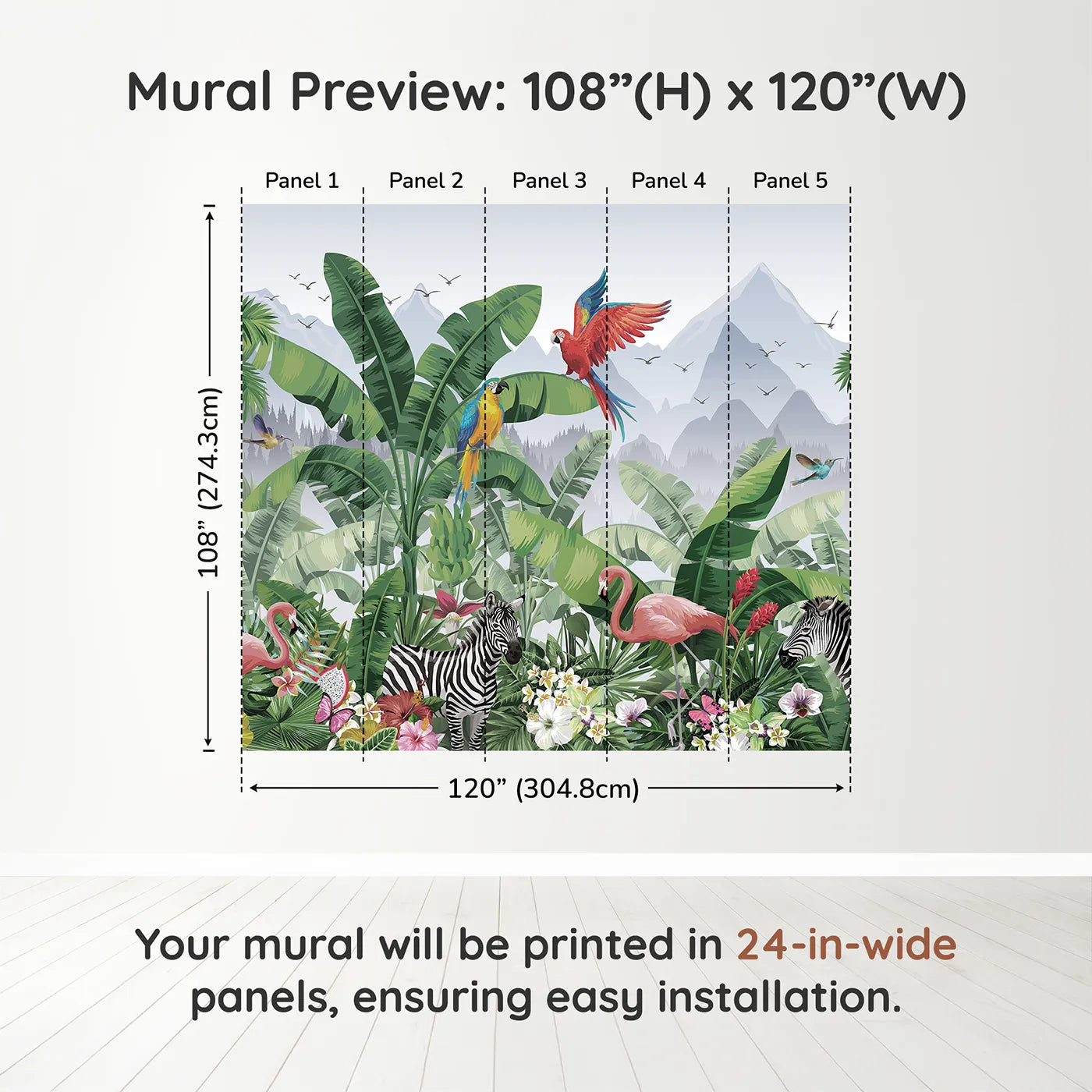 Whimsy Tots Vibrant Jungle Friends Wall Muraldimension view (108" H x 120" W). Printed in five 24-inch-wide panels. Gender-Neutral