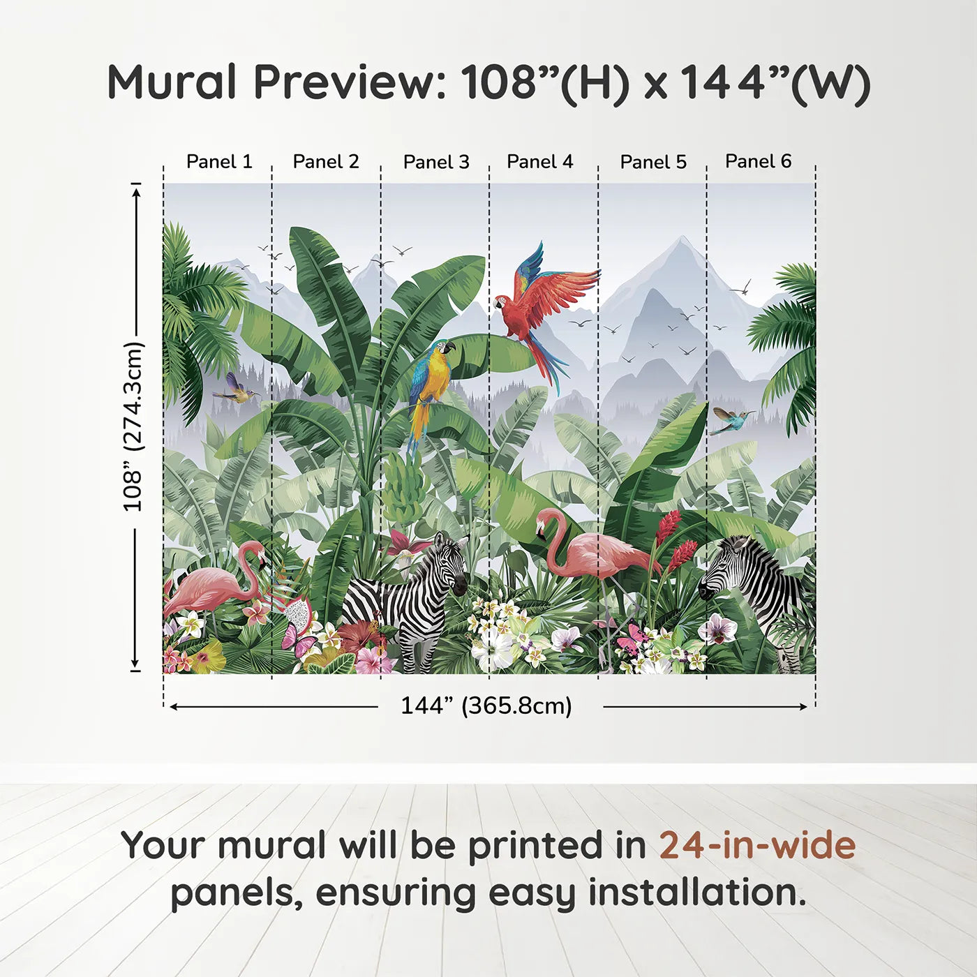 Whimsy Tots Vibrant Jungle Friends Wall Muraldimension view (108" H x 144" W). Printed in six 24-inch-wide panels. Gender-Neutral