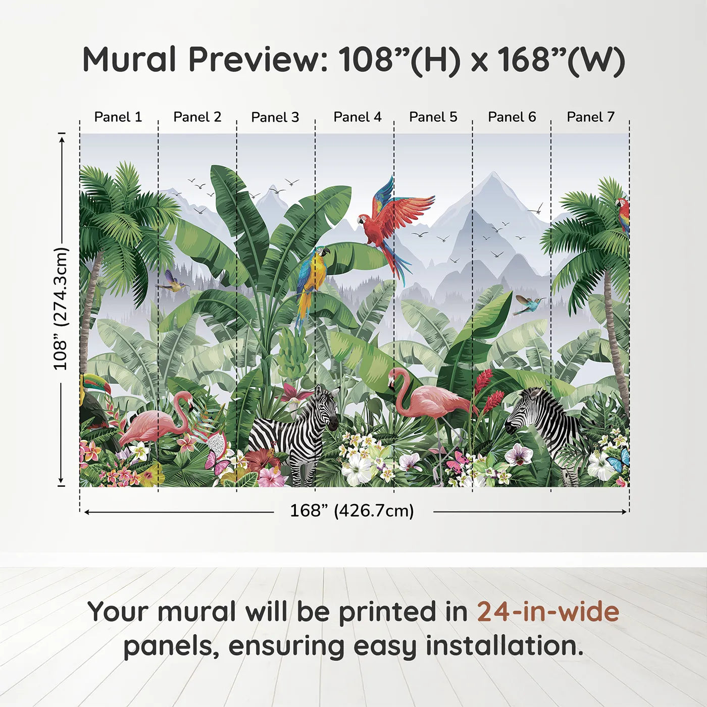 Whimsy Tots Vibrant Jungle Friends Wall Muraldimension view (108" H x 168" W). Printed in seven 24-inch-wide panels. Gender-Neutral
